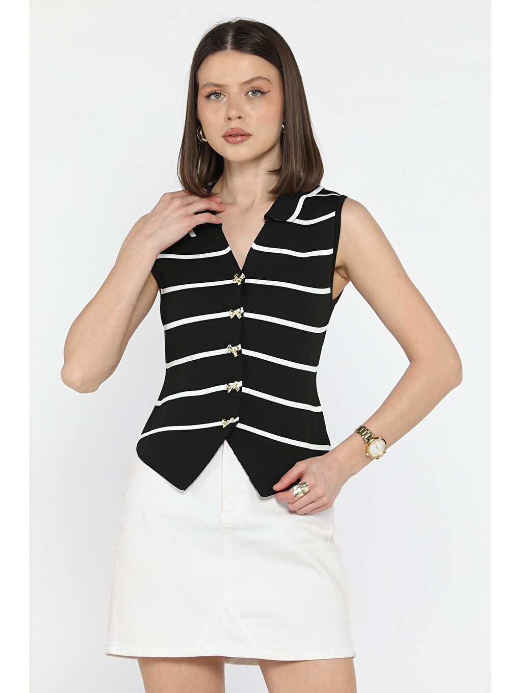 Siyah Kadın Fiyonk Düğmeli Çizgi Desenli Triko Yelek-1