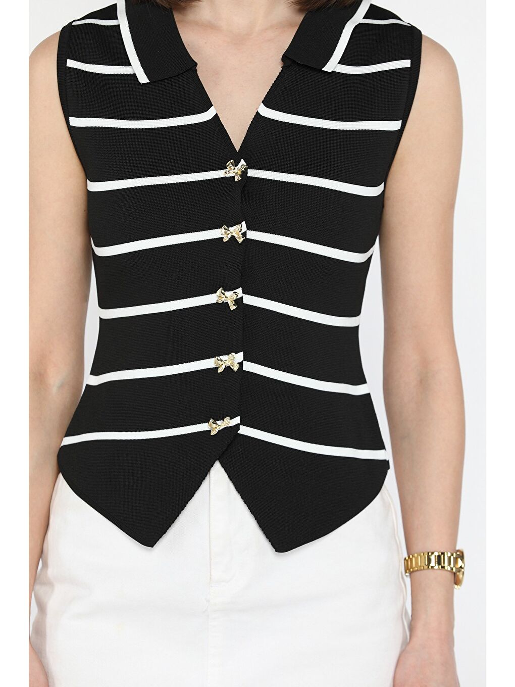 Siyah Kadın Fiyonk Düğmeli Çizgi Desenli Triko Yelek-2