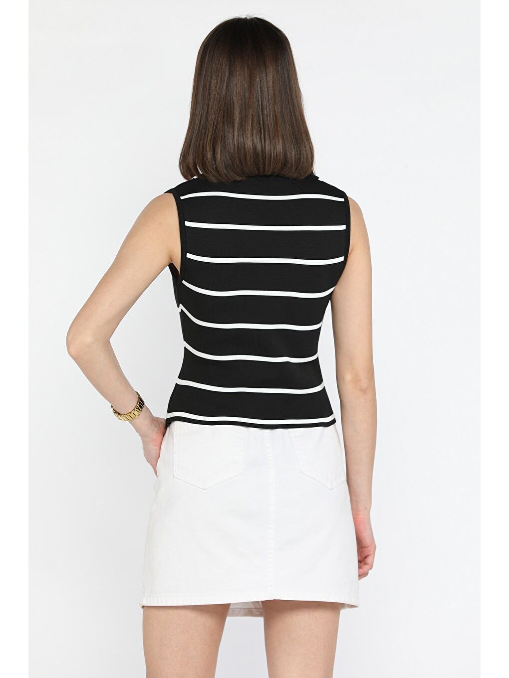 Siyah Kadın Fiyonk Düğmeli Çizgi Desenli Triko Yelek-3