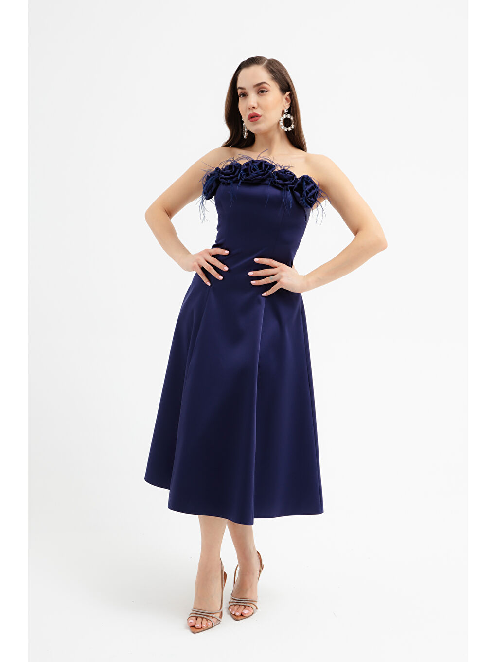 Kadın Lacivert Gül Detaylı Midi Söz Nişan Nikah Abiye Elbise-1