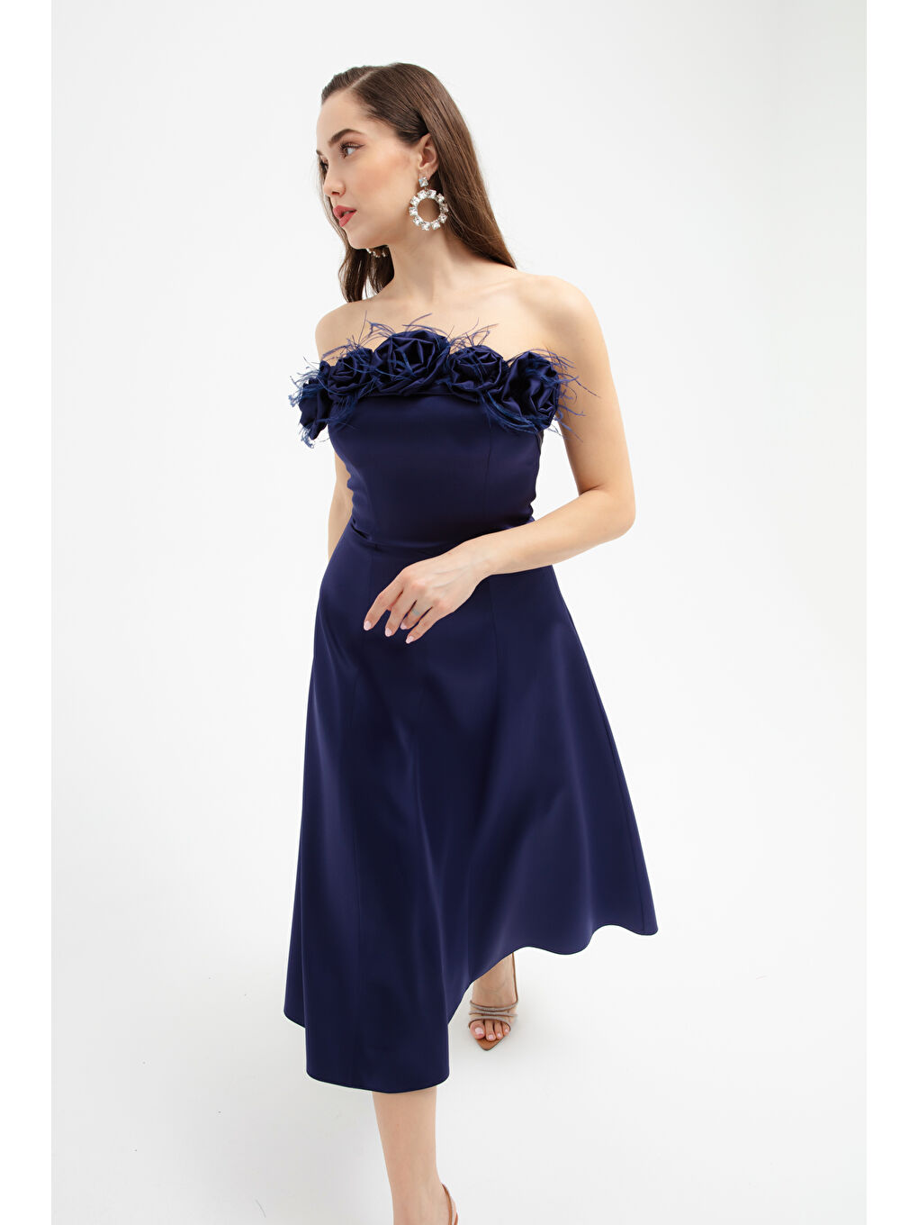 Kadın Lacivert Gül Detaylı Midi Söz Nişan Nikah Abiye Elbise-2