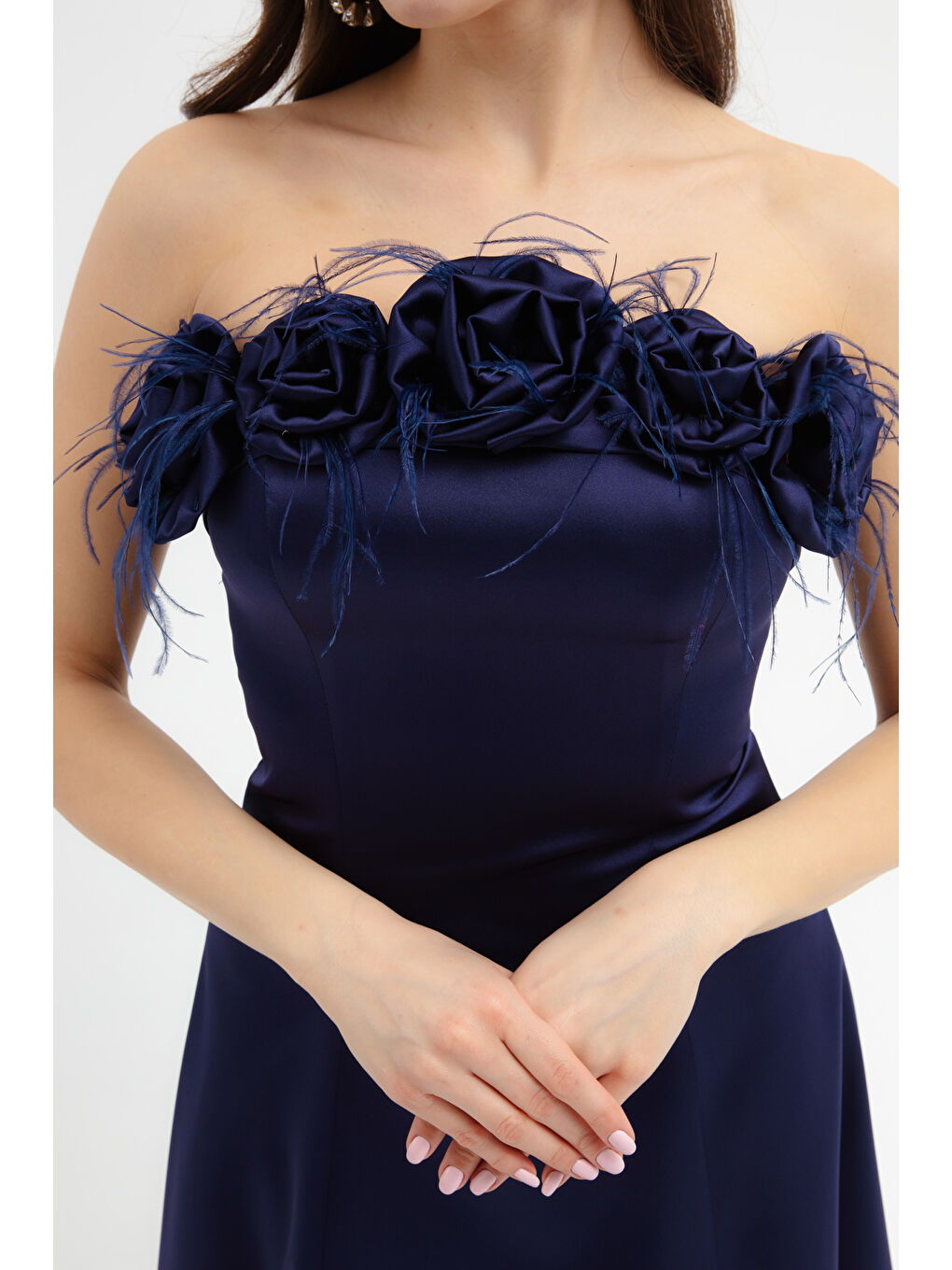 Kadın Lacivert Gül Detaylı Midi Söz Nişan Nikah Abiye Elbise-3