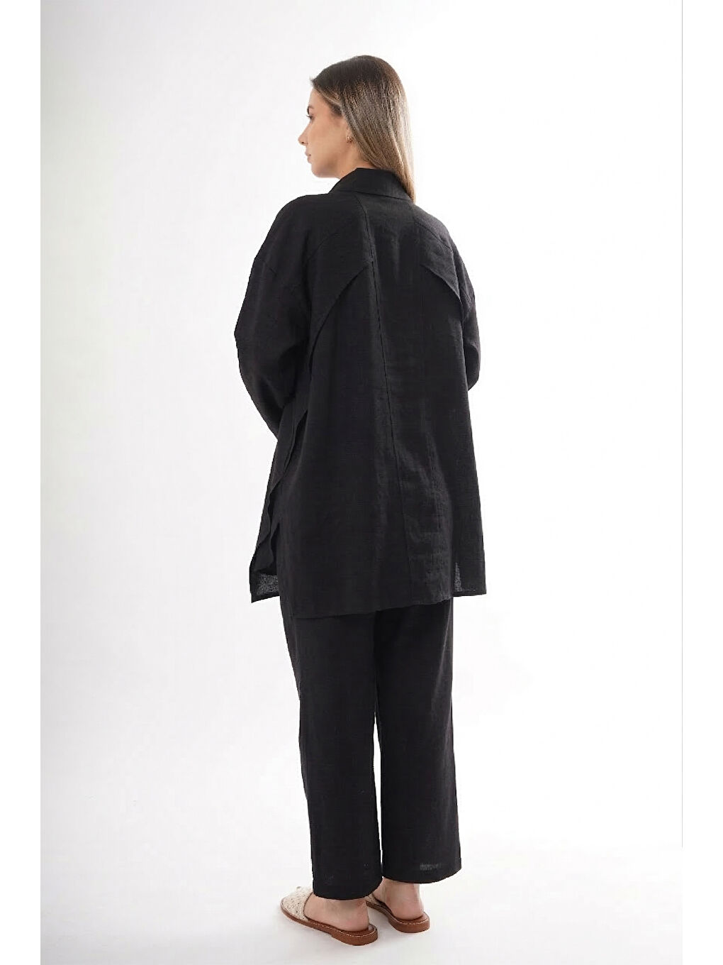 Önü Çıtçıtlı Aller Detay Keten Kumaş Pantolonlu Takım 906 Siyah-1