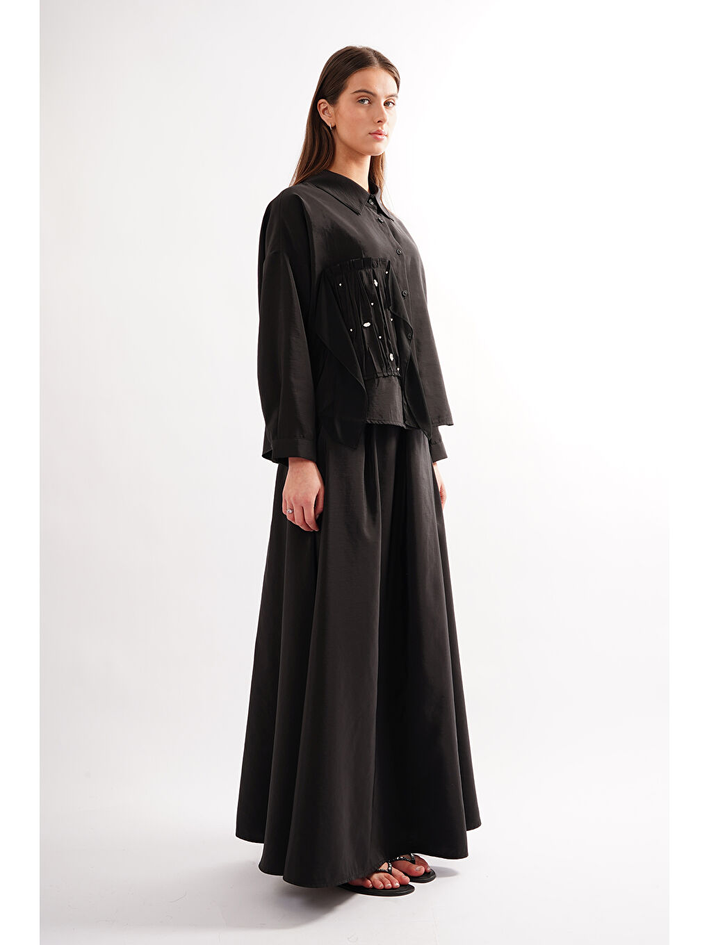 Şifon Detay Kraş ve Taş Süslemeli Dubai Takım 913 Siyah