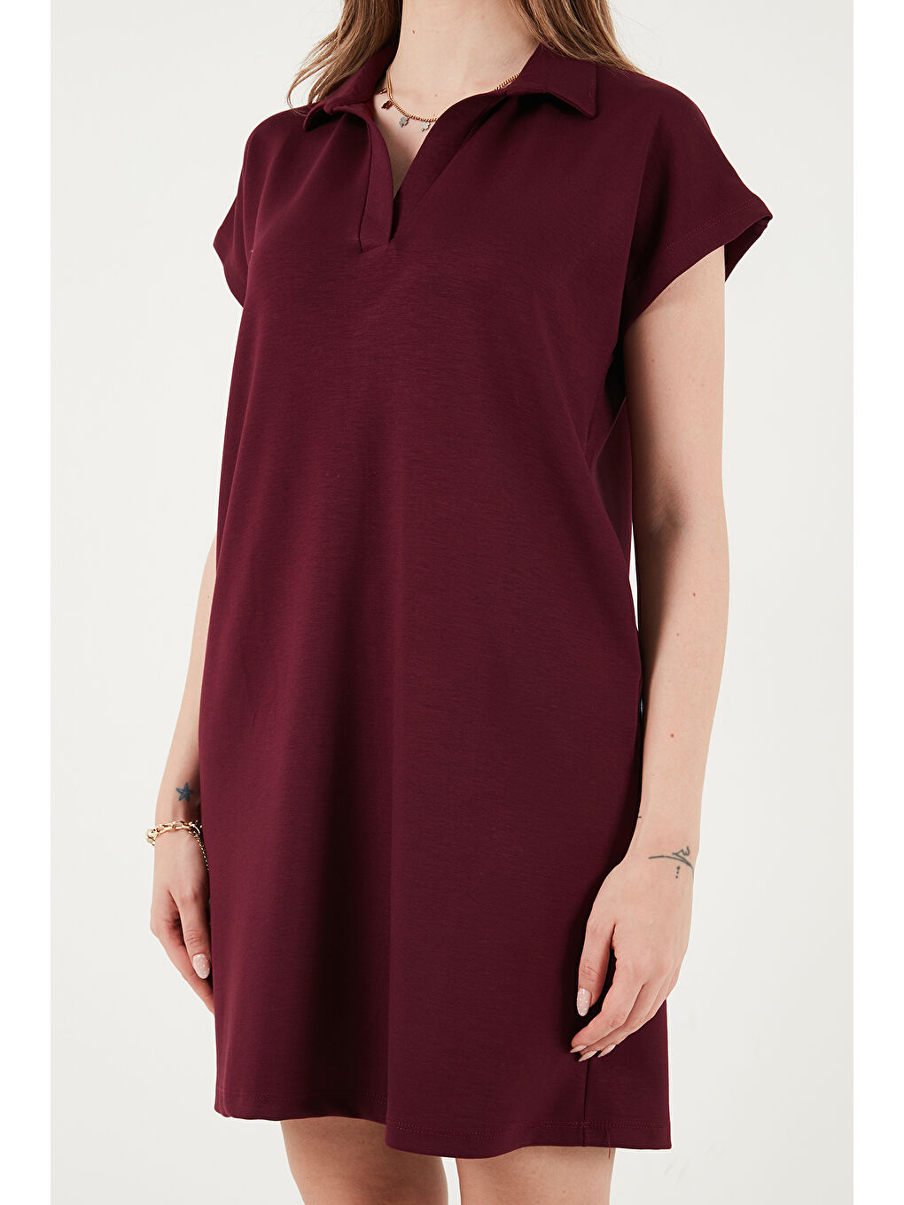 Bordo Regular Fit Polo Yaka Mini Kadın Elbise 5866153-5