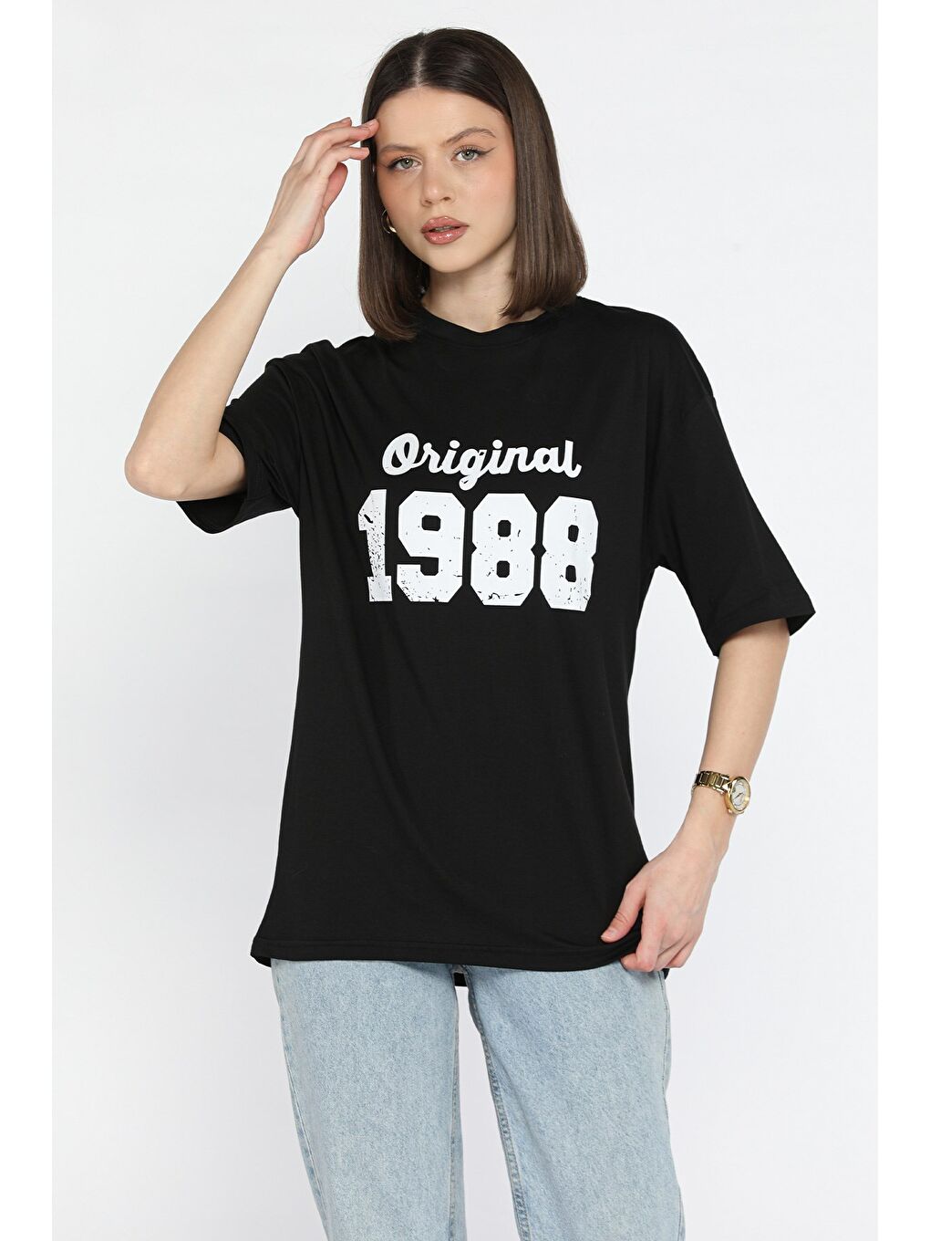 Siyah Kadın Ön Baskılı Bisiklet Yaka Oversize Tişört