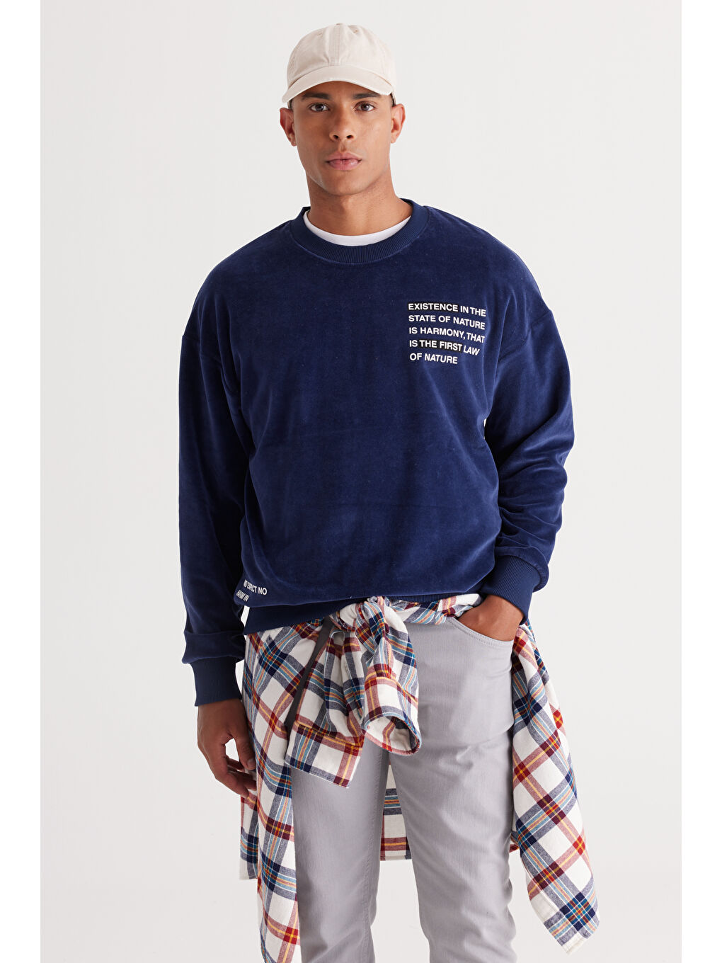 Erkek Lacivert Loose Fit Bisiklet Yaka Pamuklu Sweatshirt