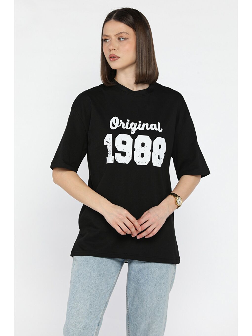 Siyah Kadın Ön Baskılı Bisiklet Yaka Oversize Tişört-1