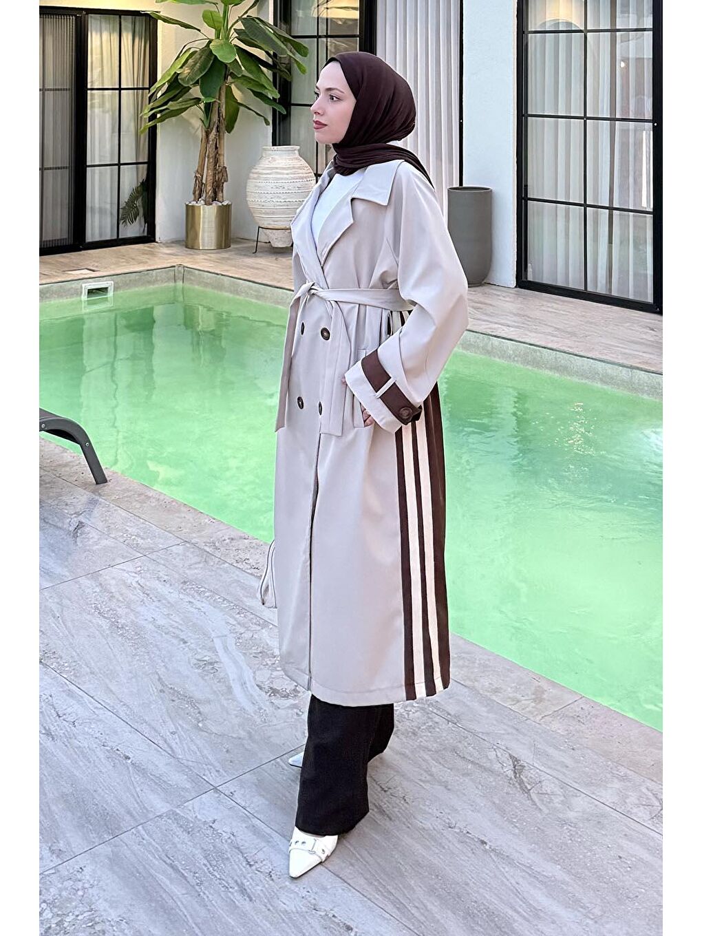 Kahverengi Şerit Detay Kuşaklı Trenç Çikolata Kahve-1