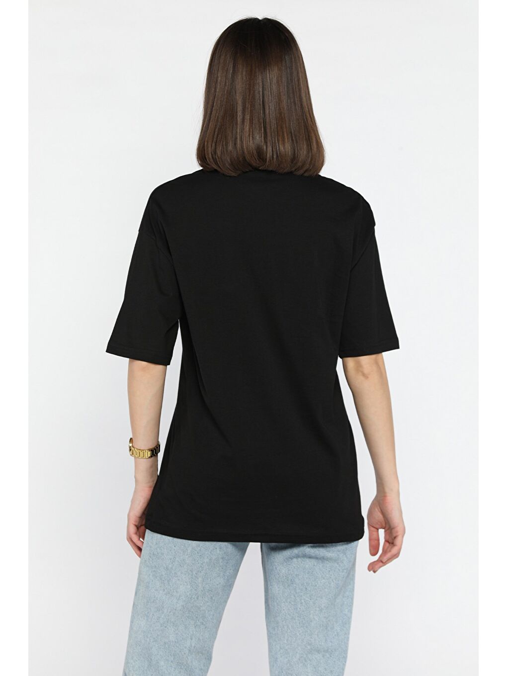 Siyah Kadın Ön Baskılı Bisiklet Yaka Oversize Tişört-2
