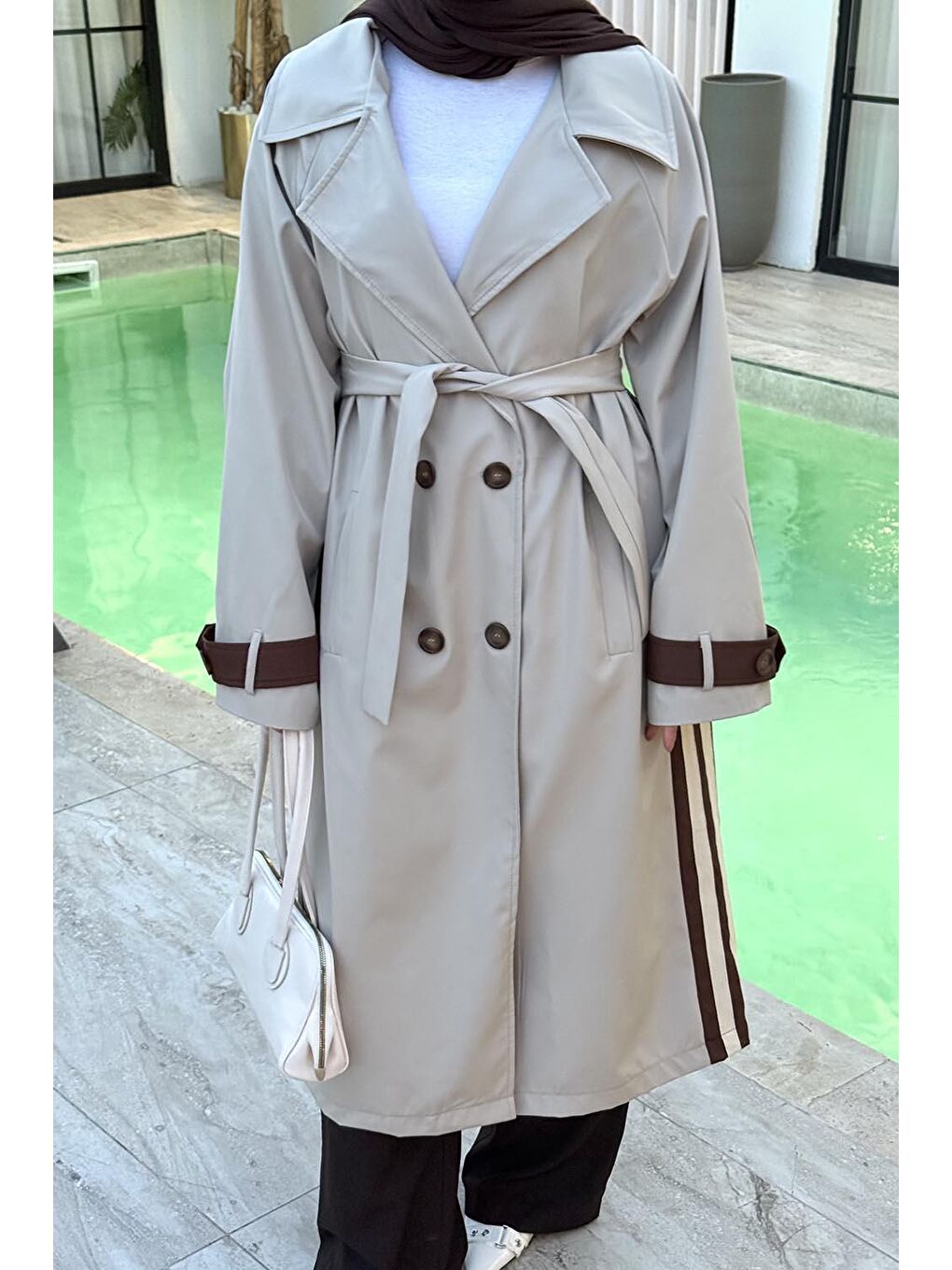 Kahverengi Şerit Detay Kuşaklı Trenç Çikolata Kahve-2