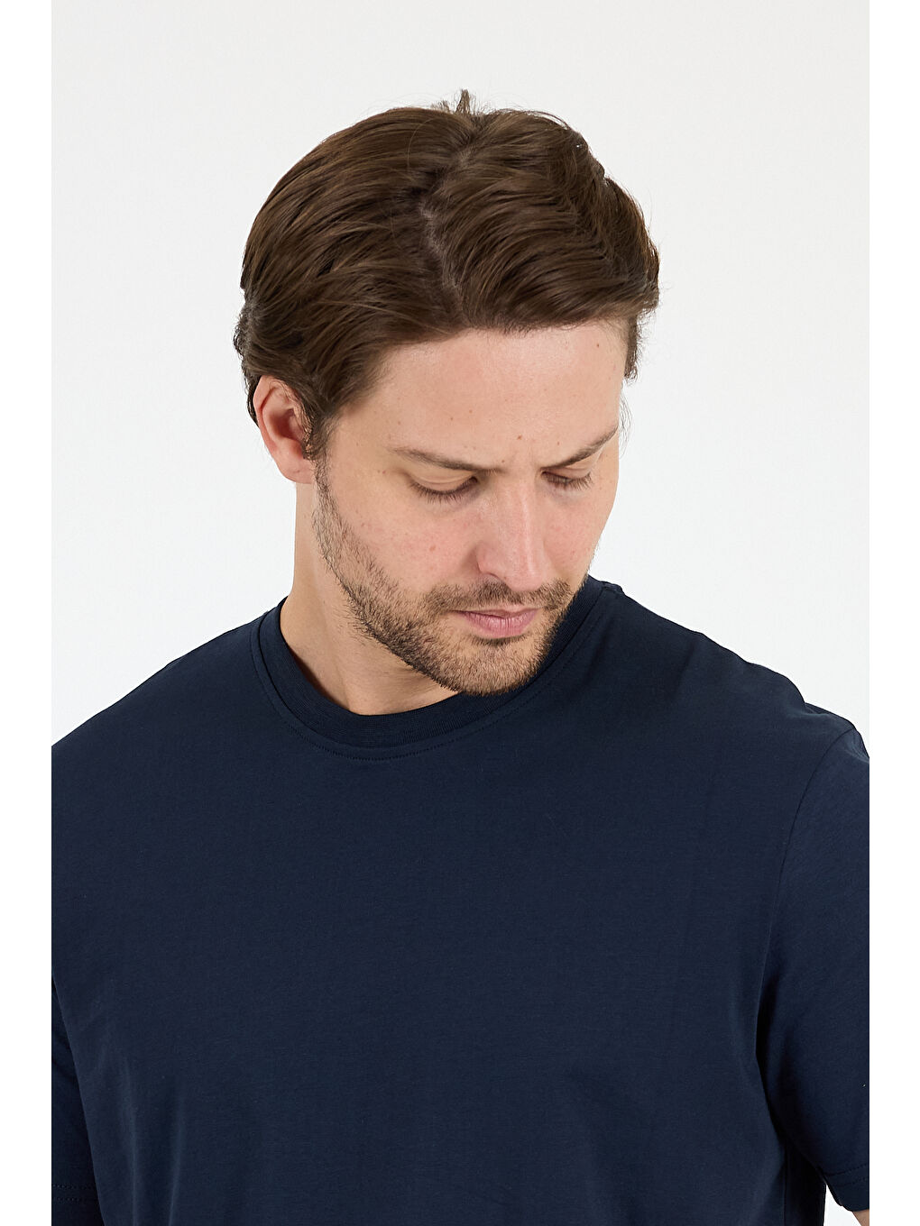 Lacivert Bisiklet Yaka Penye Erkek Tişört-4