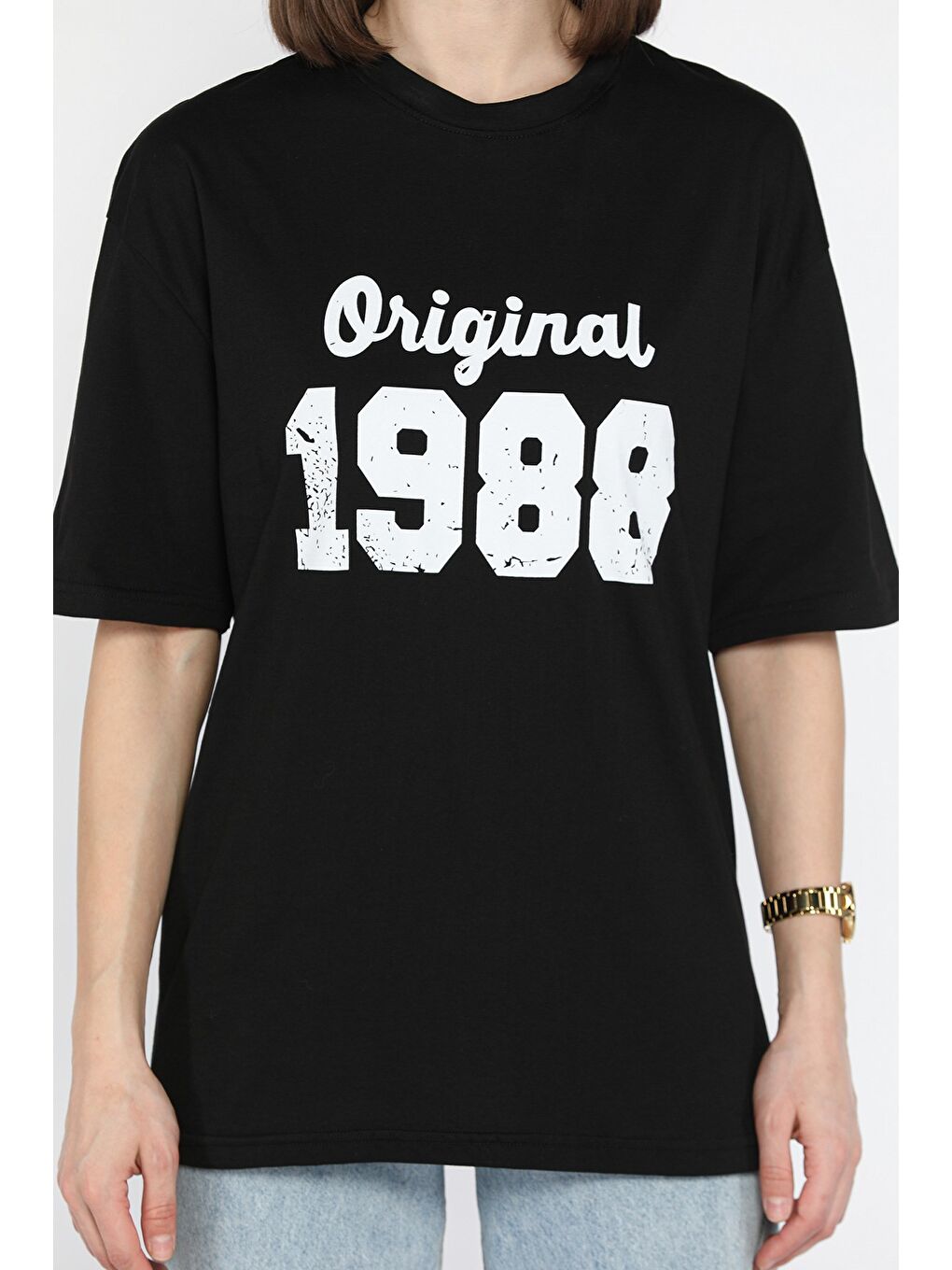 Siyah Kadın Ön Baskılı Bisiklet Yaka Oversize Tişört-3