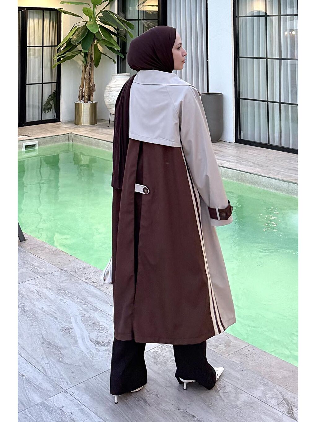 Kahverengi Şerit Detay Kuşaklı Trenç Çikolata Kahve-3