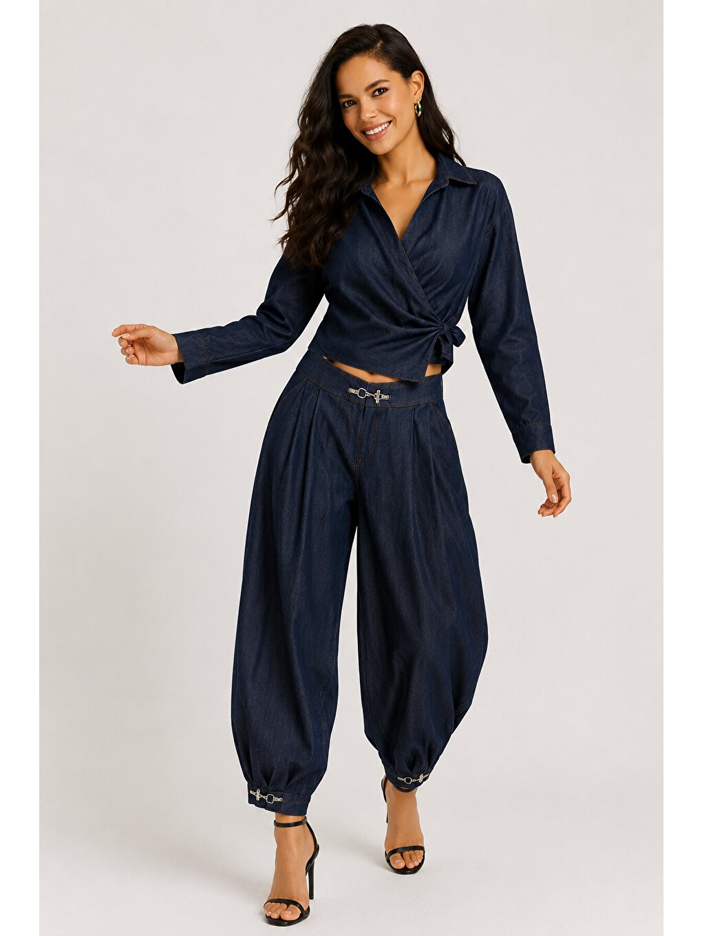 Kadın Lacivert Denim Görünümlü Kruvaze Bluz Ve Şalvar Pantolon 2’li Takım-2