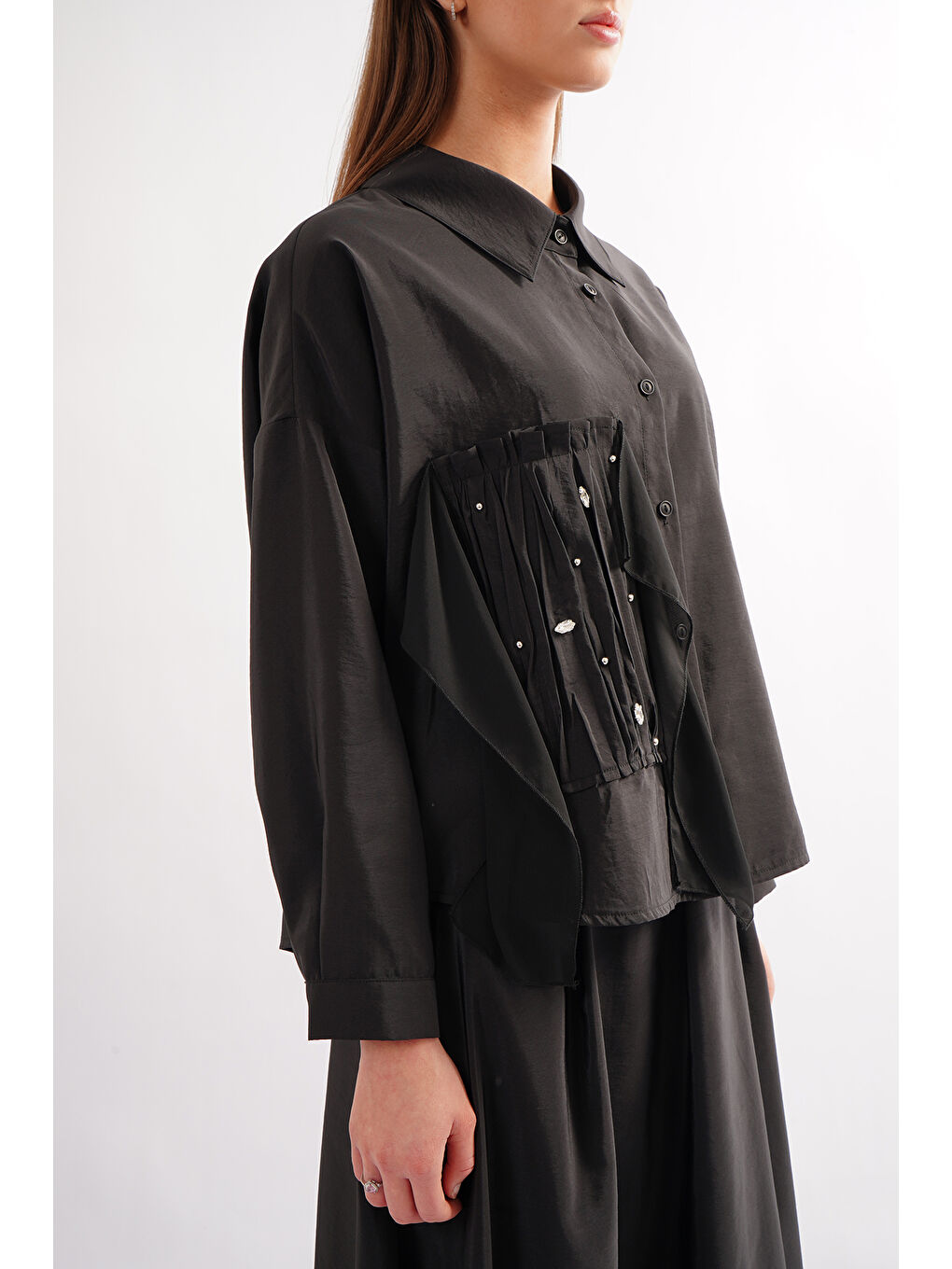 Şifon Detay Kraş ve Taş Süslemeli Dubai Takım 913 Siyah-1