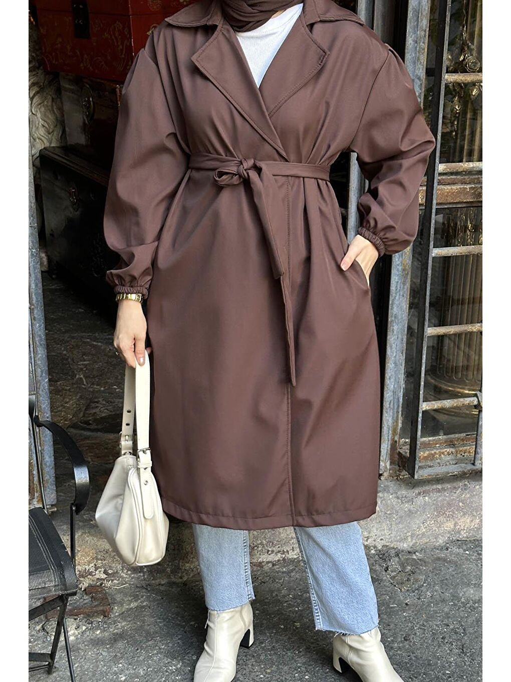 Kol Elastik Detaylı Trençkot Acı Kahverengi-2