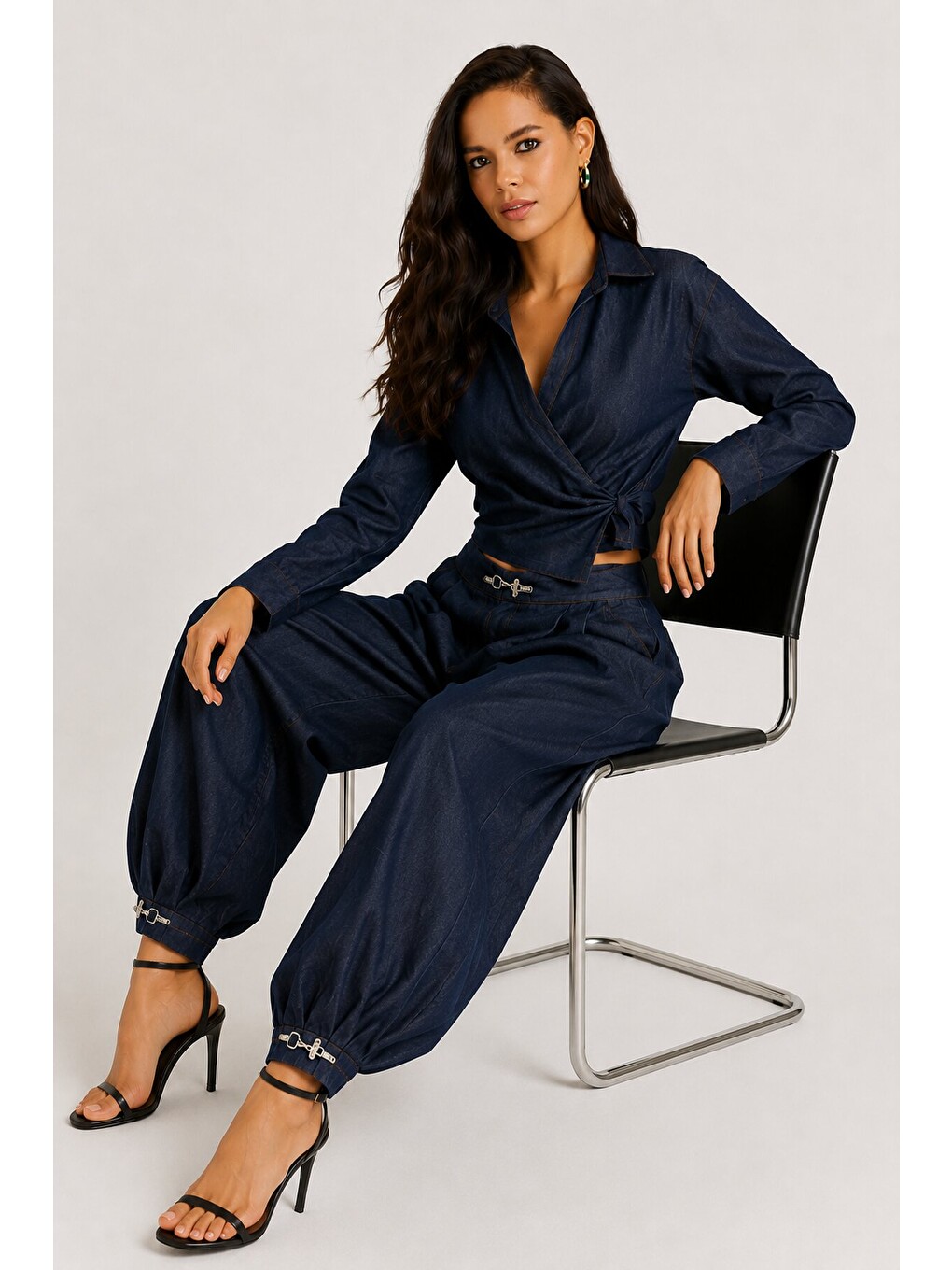 Kadın Lacivert Denim Görünümlü Kruvaze Bluz Ve Şalvar Pantolon 2’li Takım-3