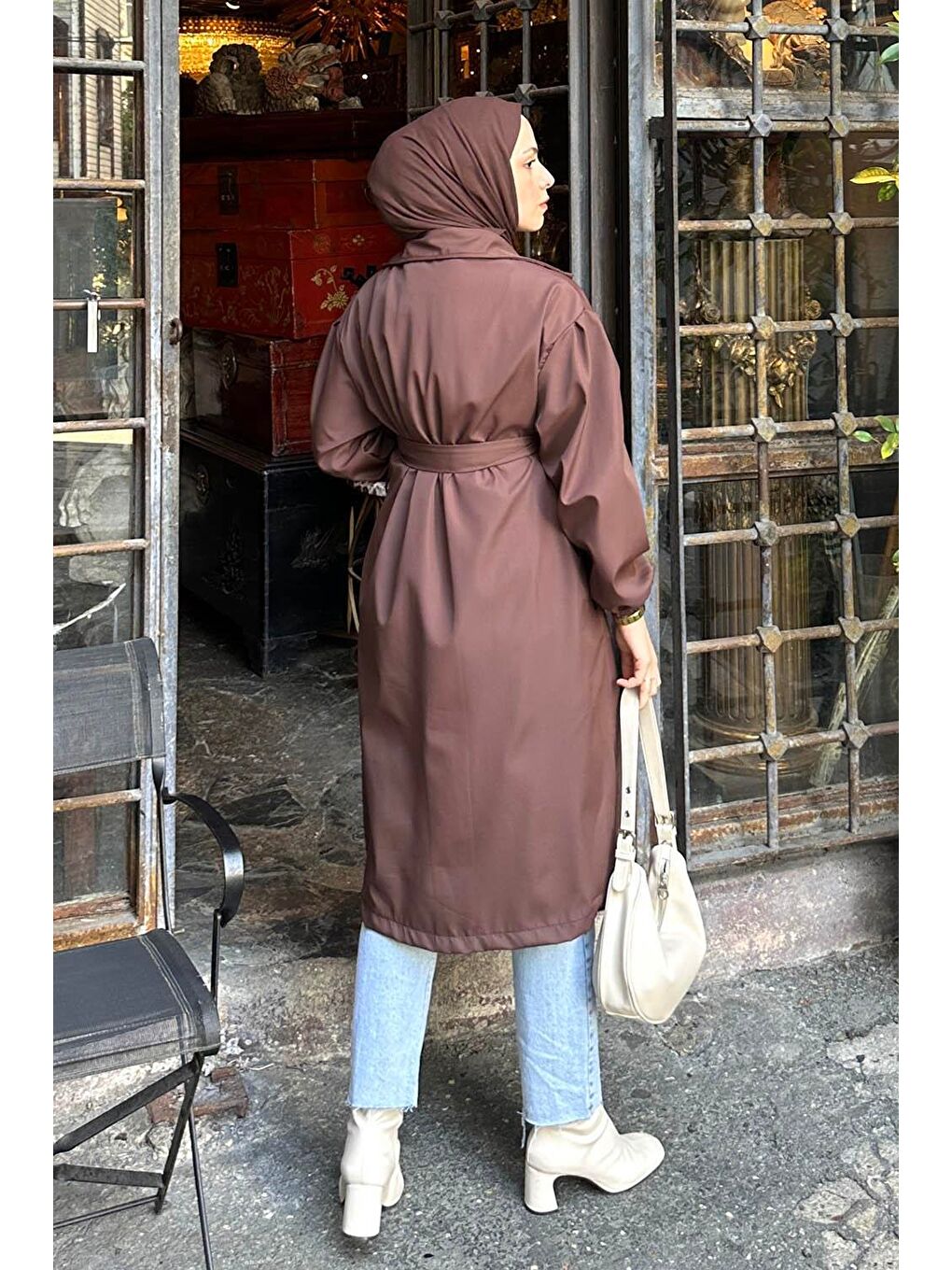 Kol Elastik Detaylı Trençkot Acı Kahverengi-3