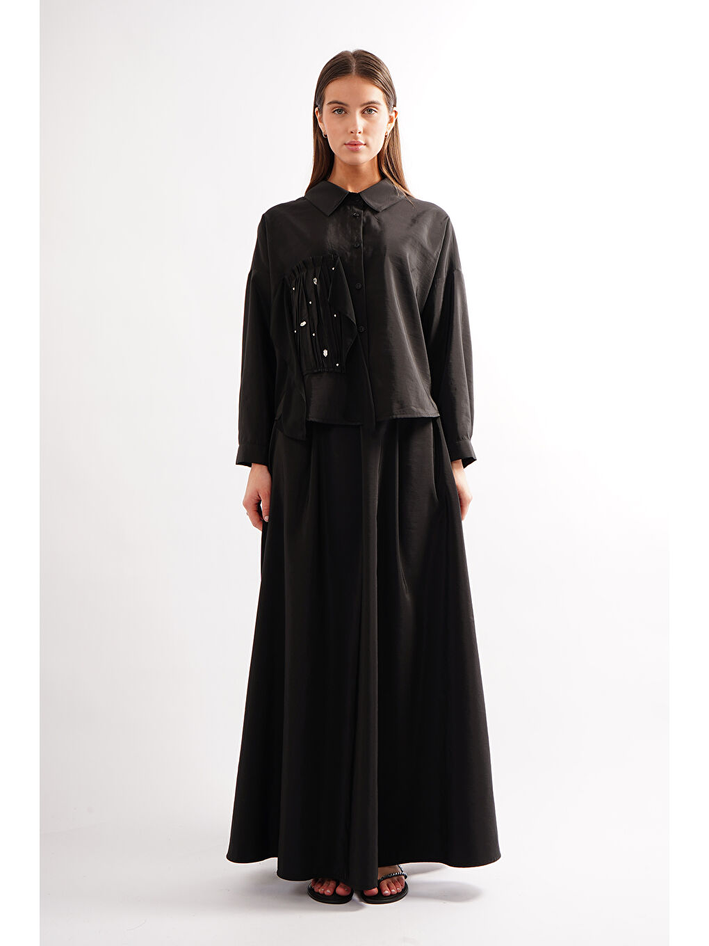 Şifon Detay Kraş ve Taş Süslemeli Dubai Takım 913 Siyah-2