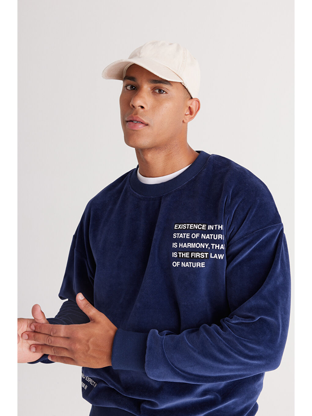 Erkek Lacivert Loose Fit Bisiklet Yaka Pamuklu Sweatshirt-3