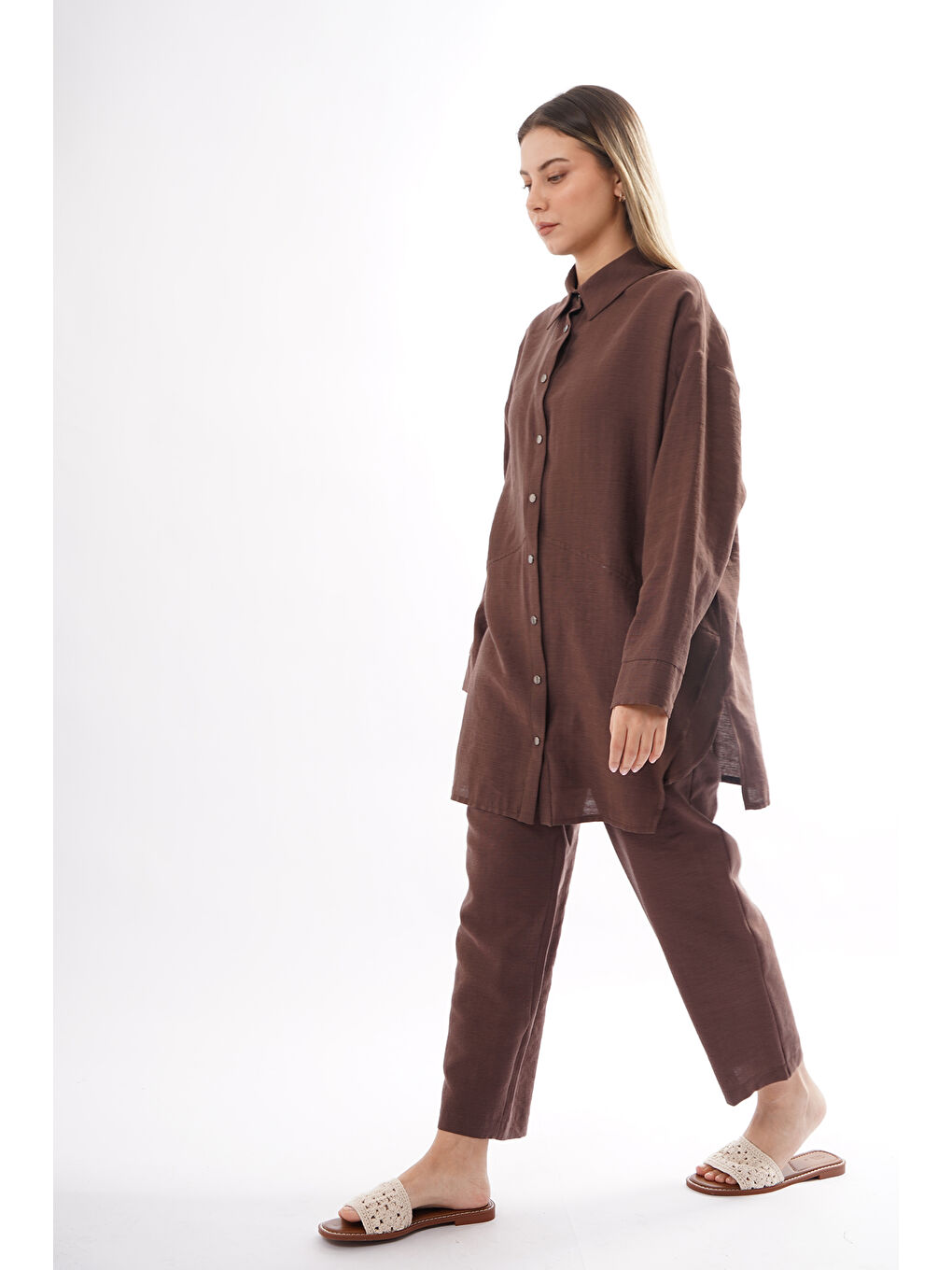 Önü Çıtçıtlı Aller Detay Keten Kumaş Pantolonlu Takım 906 Kahverengi