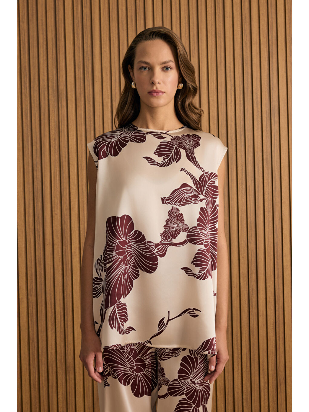 Bej Desenli İpek Bluz-1