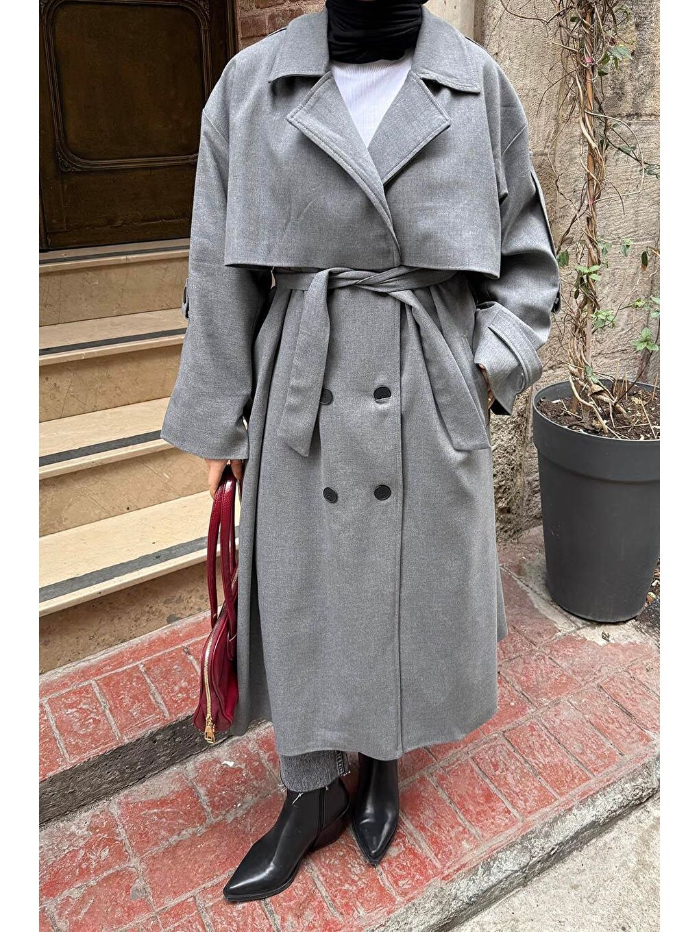 Gri Uzun Apoletli Trenç Füme-2