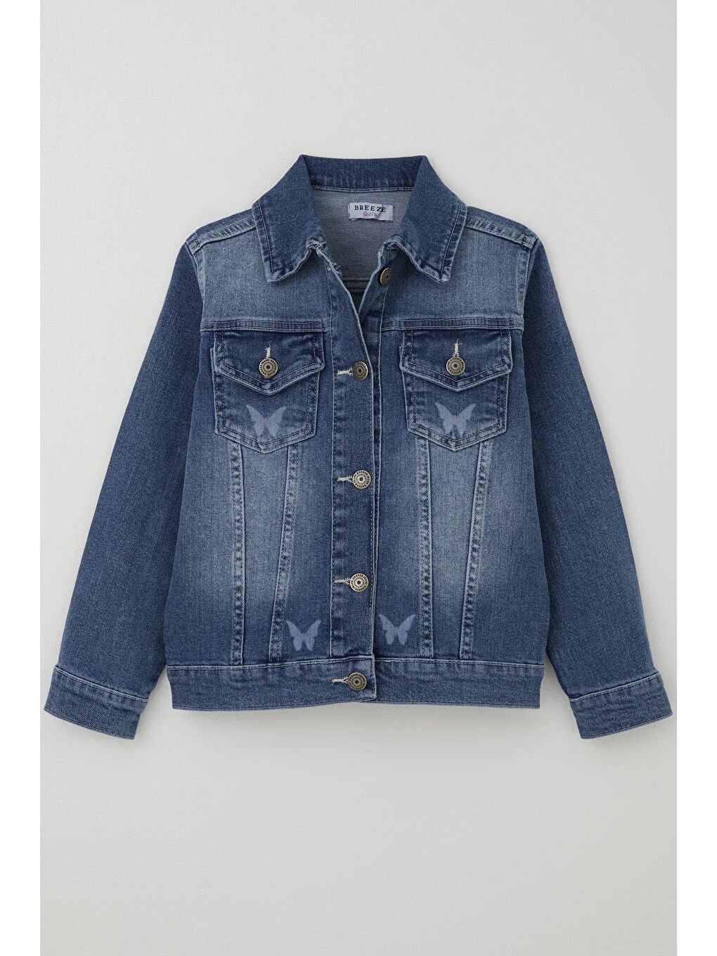 Kız Çocuk Jean Ceket Kelebek Baskı Detaylı Cepli Mavi (6-12 Yaş)