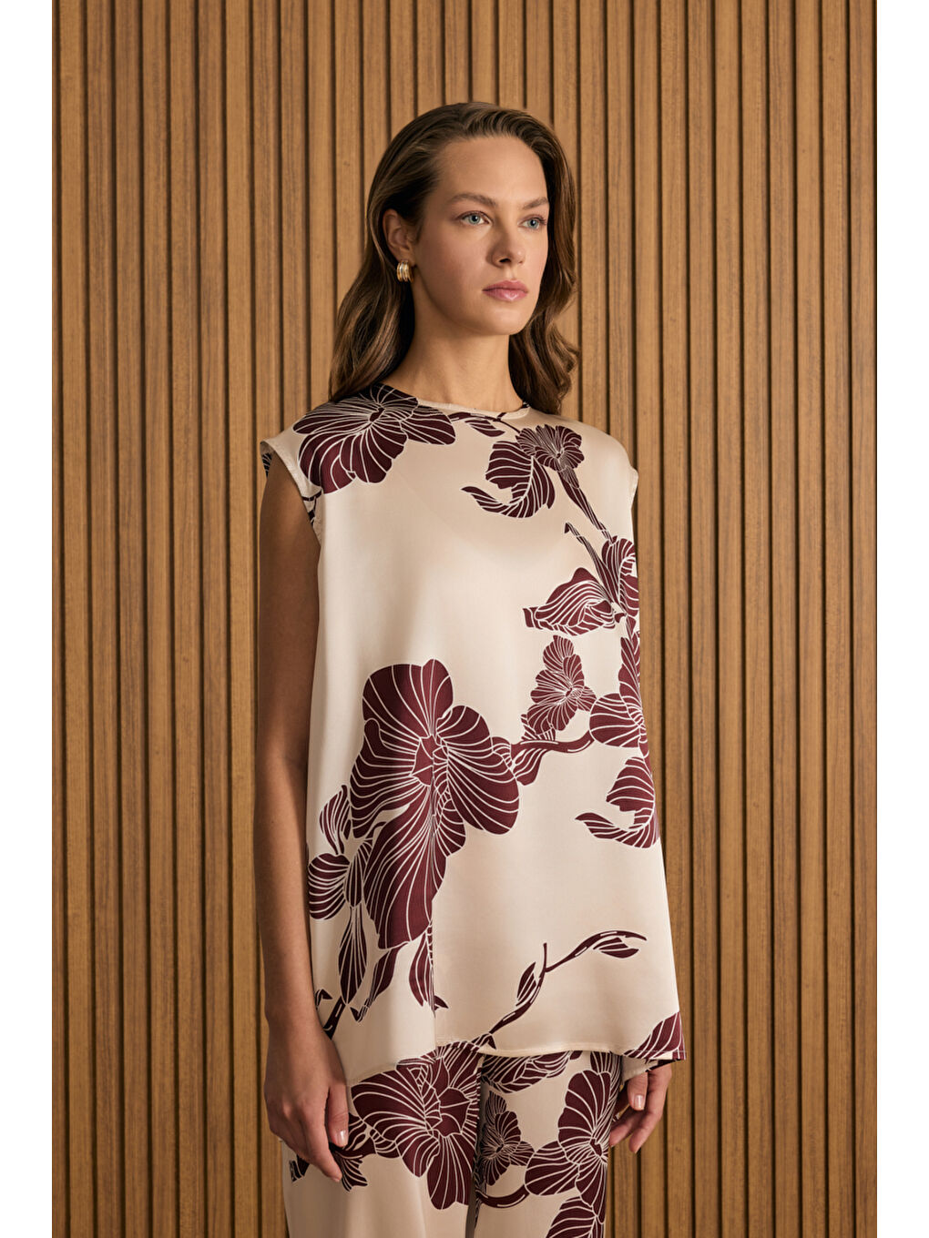 Bej Desenli İpek Bluz-2