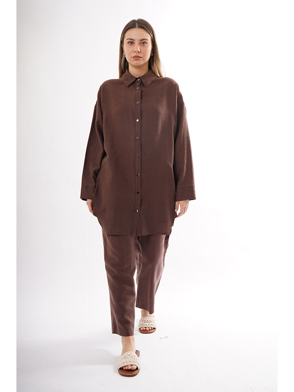 Önü Çıtçıtlı Aller Detay Keten Kumaş Pantolonlu Takım 906 Kahverengi-1