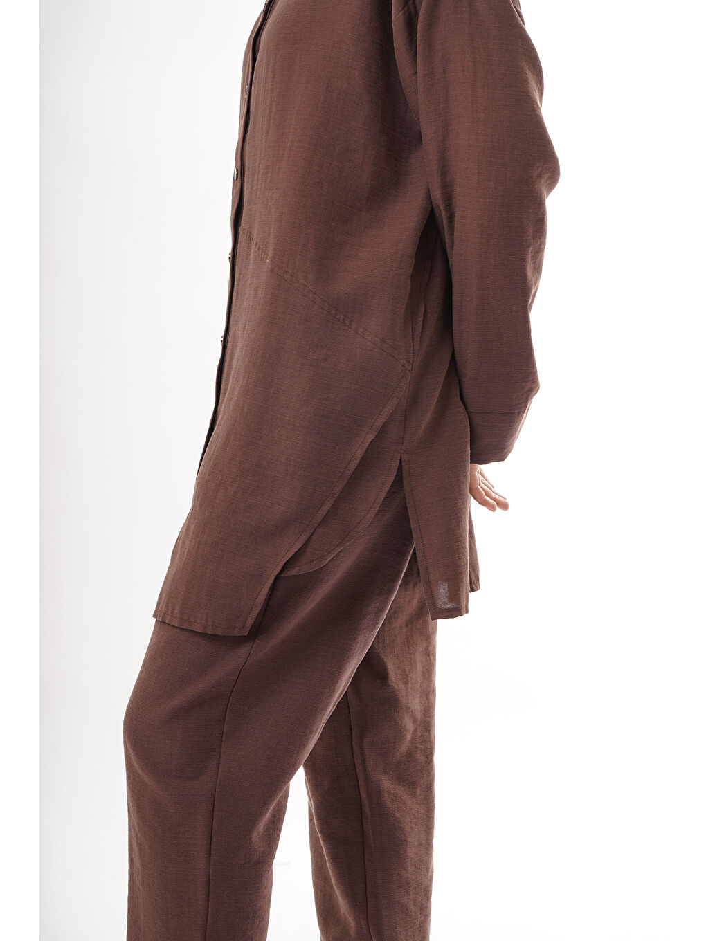 Önü Çıtçıtlı Aller Detay Keten Kumaş Pantolonlu Takım 906 Kahverengi-2