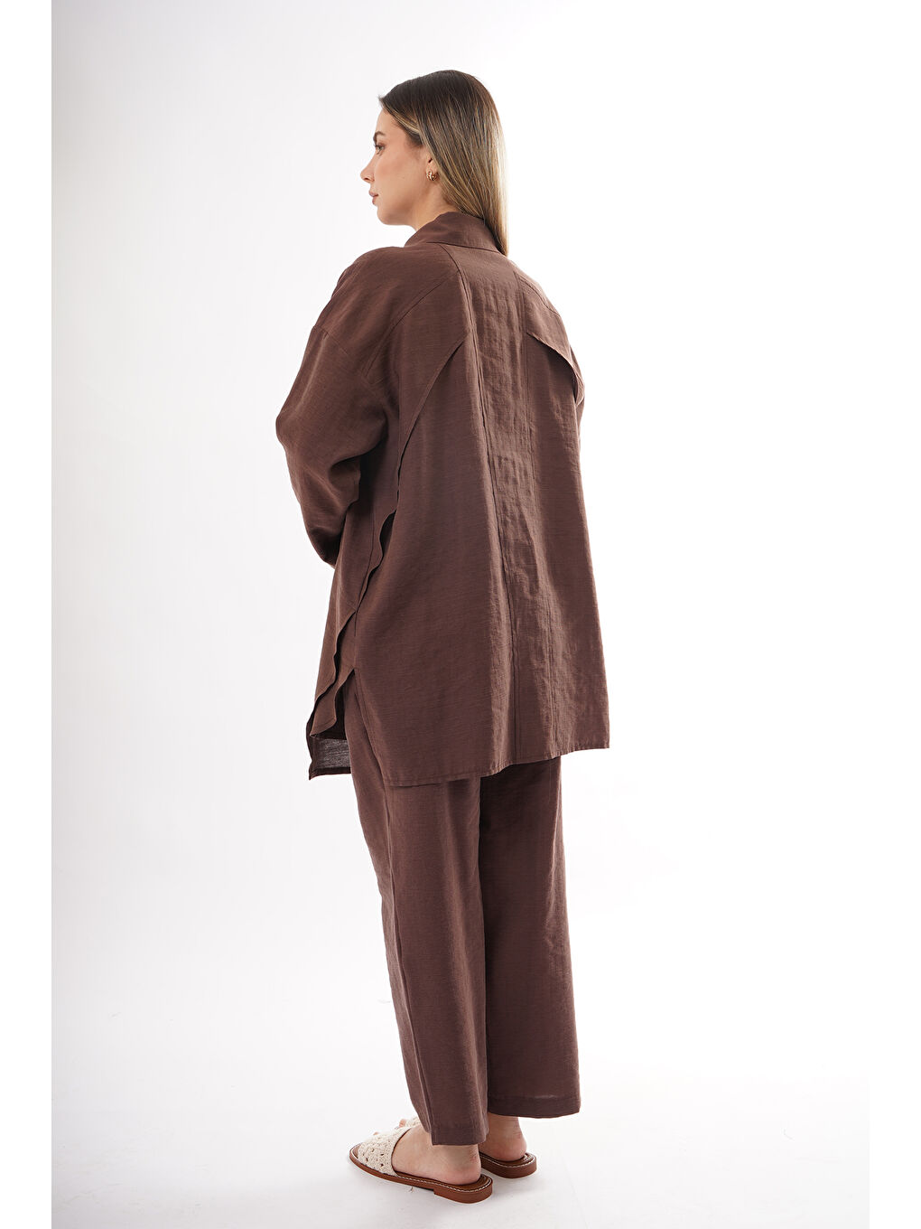 Önü Çıtçıtlı Aller Detay Keten Kumaş Pantolonlu Takım 906 Kahverengi-3