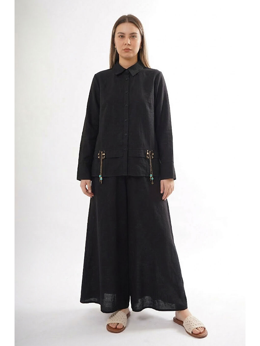 Önü Fermuarlı Aller Detay Keten Kumaş Etekli Takım 905 Siyah