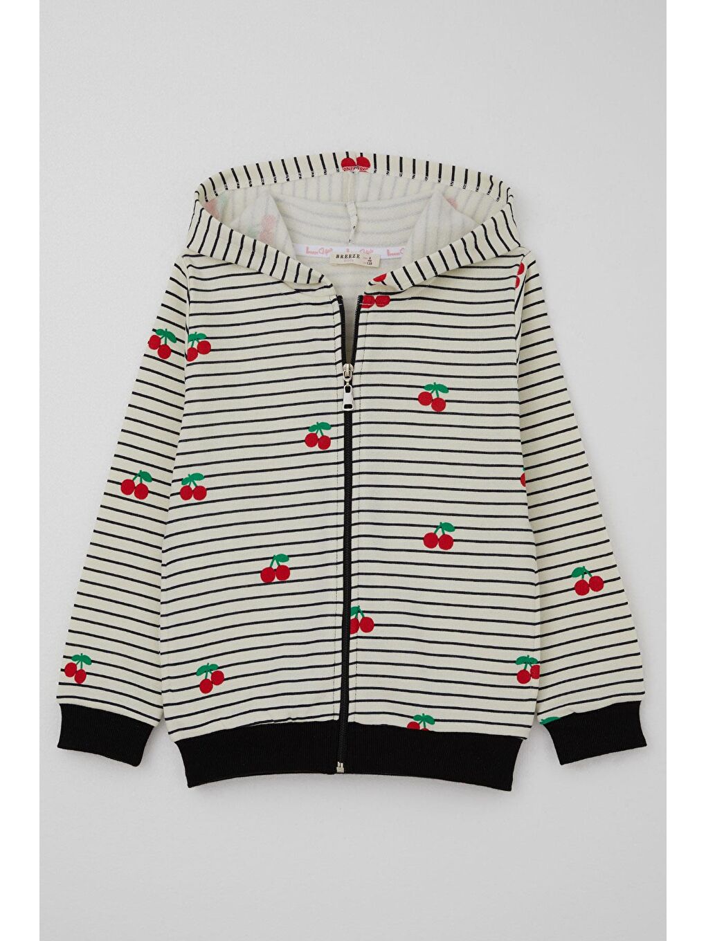 Kız Çocuk Hırka Kiraz Desenli Kapüşonlu Fermuarlı Ekru (4-7 Yaş)