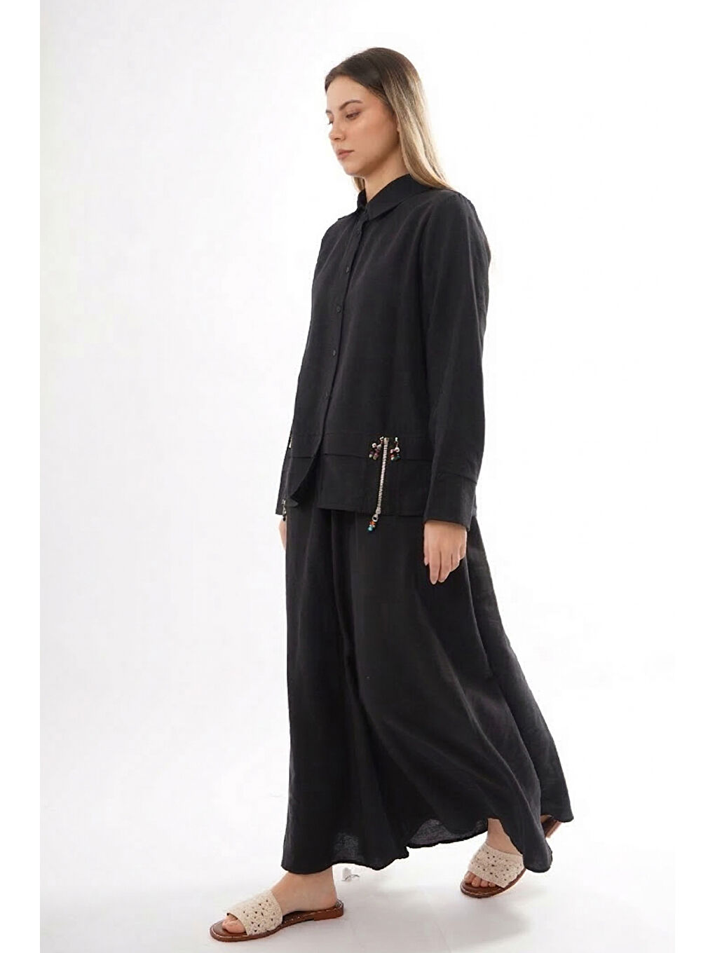 Önü Fermuarlı Aller Detay Keten Kumaş Etekli Takım 905 Siyah-1