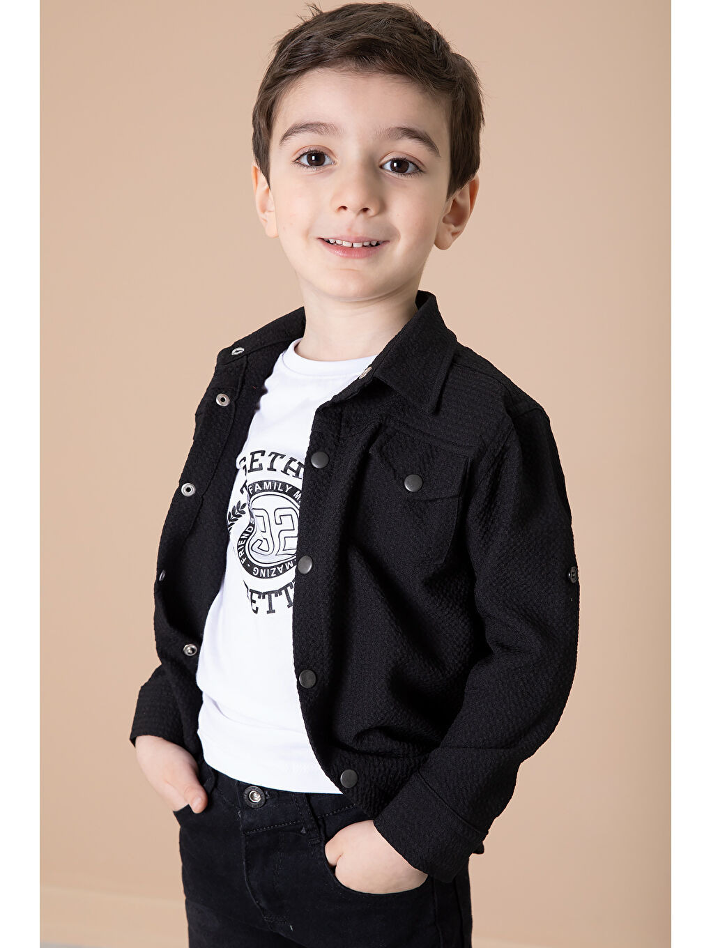 Siyah Erkek Çocuk Çıtçıtlı Gömlekli Pantolonlu 3lü Alt Üst Takım 20260-1