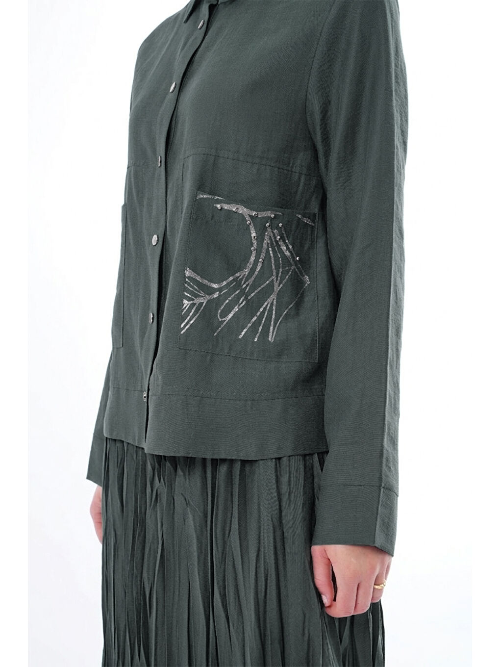 Yeşil Cep Detayı Basılı Kraş Etekli Takım 907 Zümrüt-1