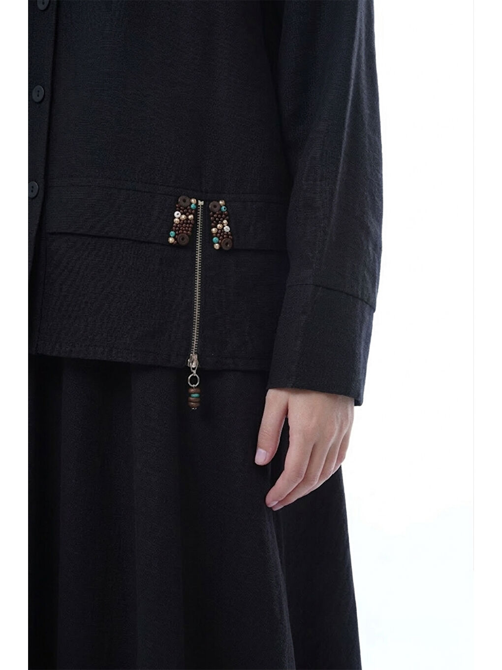 Önü Fermuarlı Aller Detay Keten Kumaş Etekli Takım 905 Siyah-2