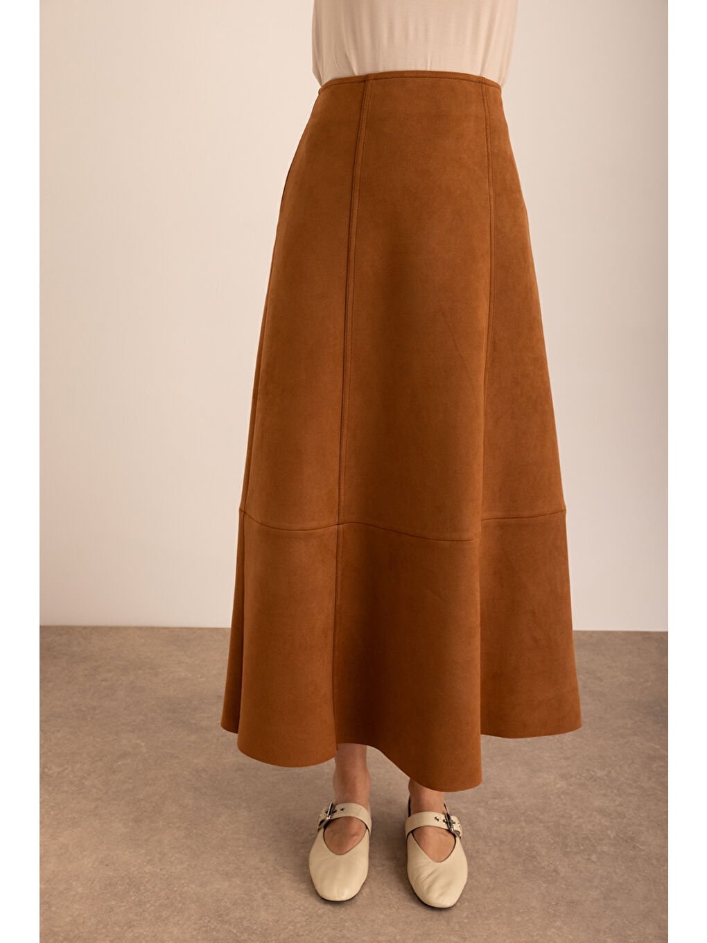 Kahverengi Kup Detaylı Süet Evaze Etek-3