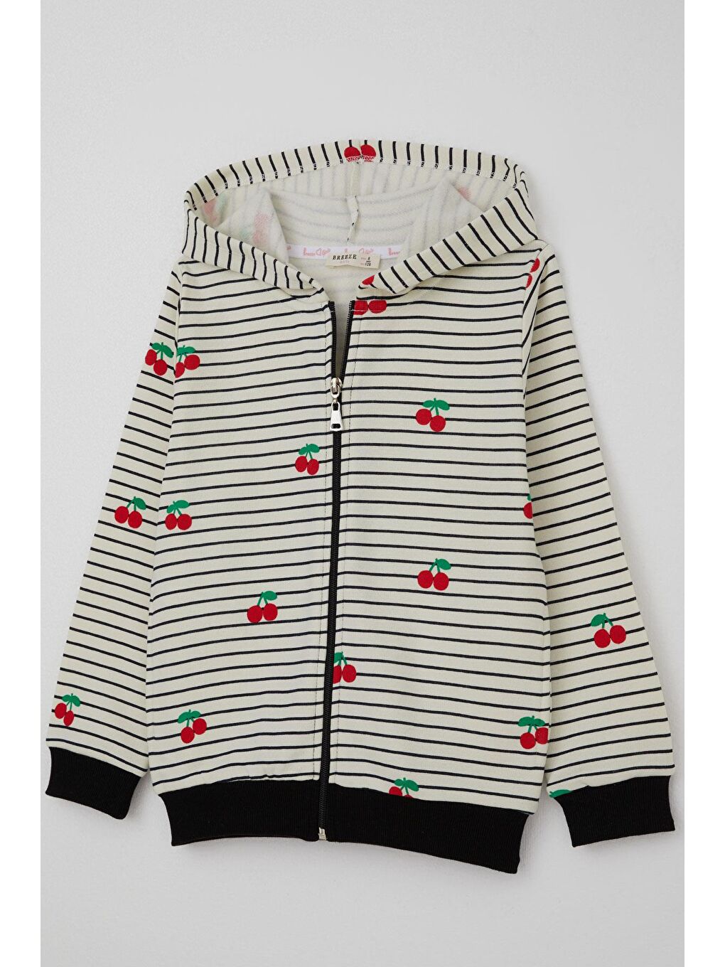Kız Çocuk Hırka Kiraz Desenli Kapüşonlu Fermuarlı Ekru (4-7 Yaş)-2