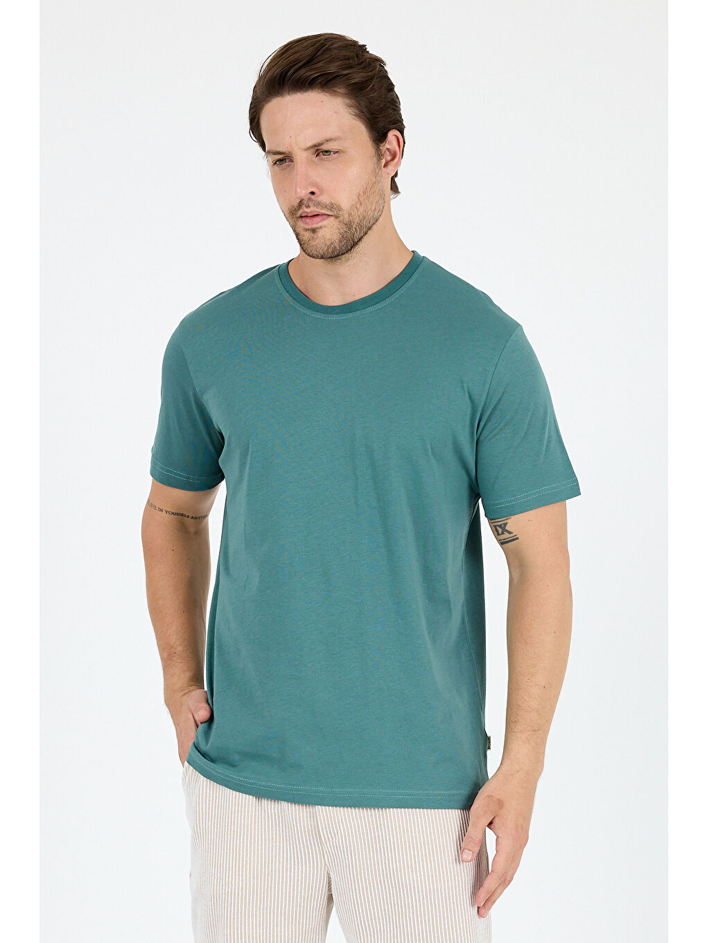 Petrol Bisiklet Yaka Penye Erkek Tişört-1