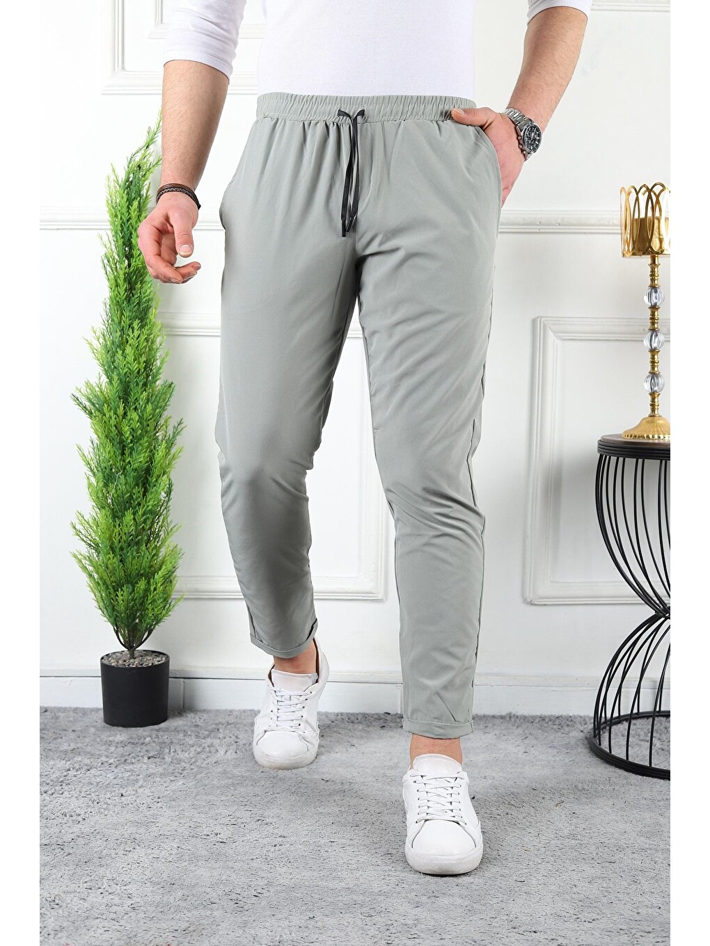 Bej Erkek Beli Lastikli Double Paça Spor Taş Jogger Pantolon