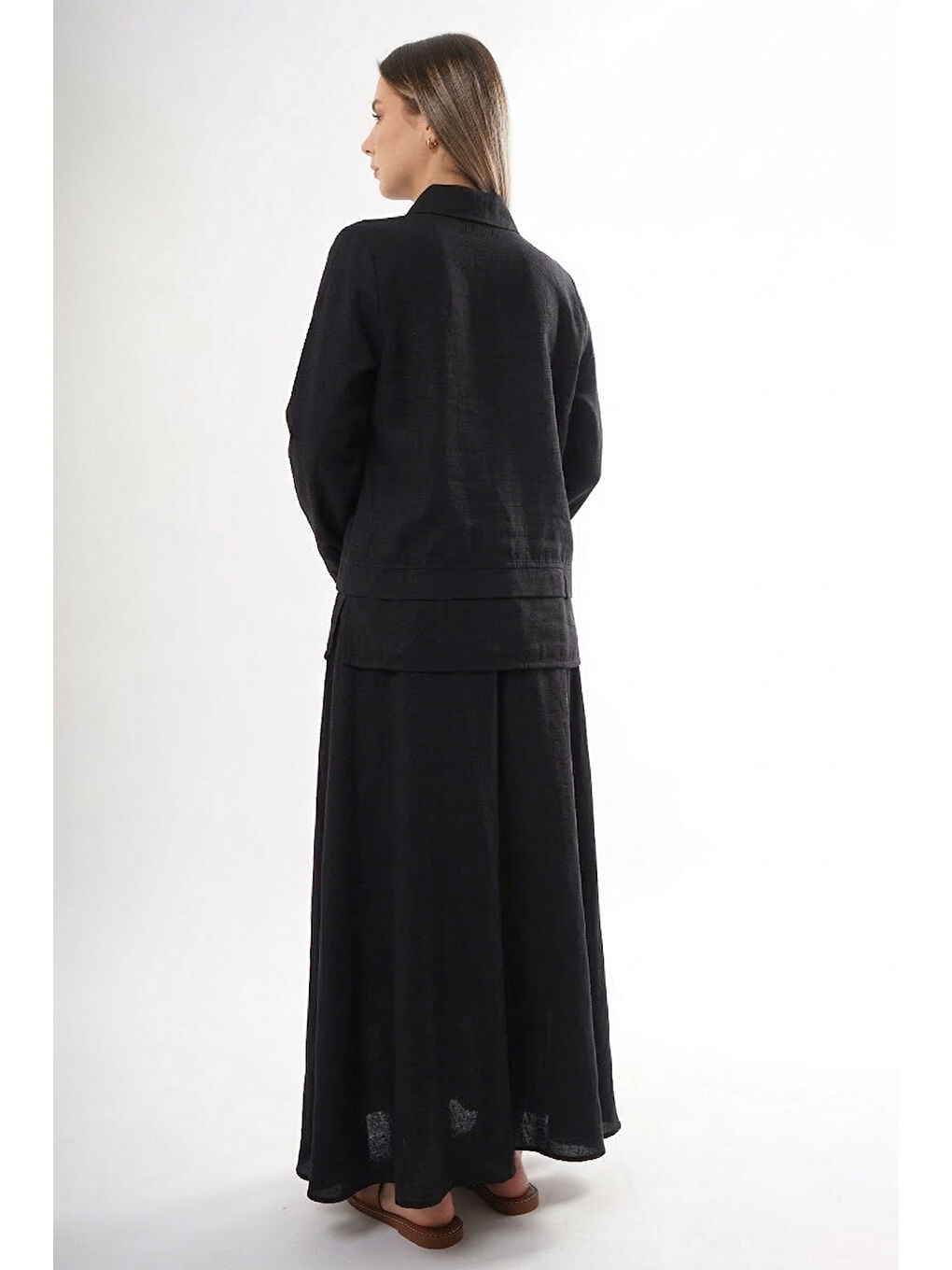 Önü Fermuarlı Aller Detay Keten Kumaş Etekli Takım 905 Siyah-3