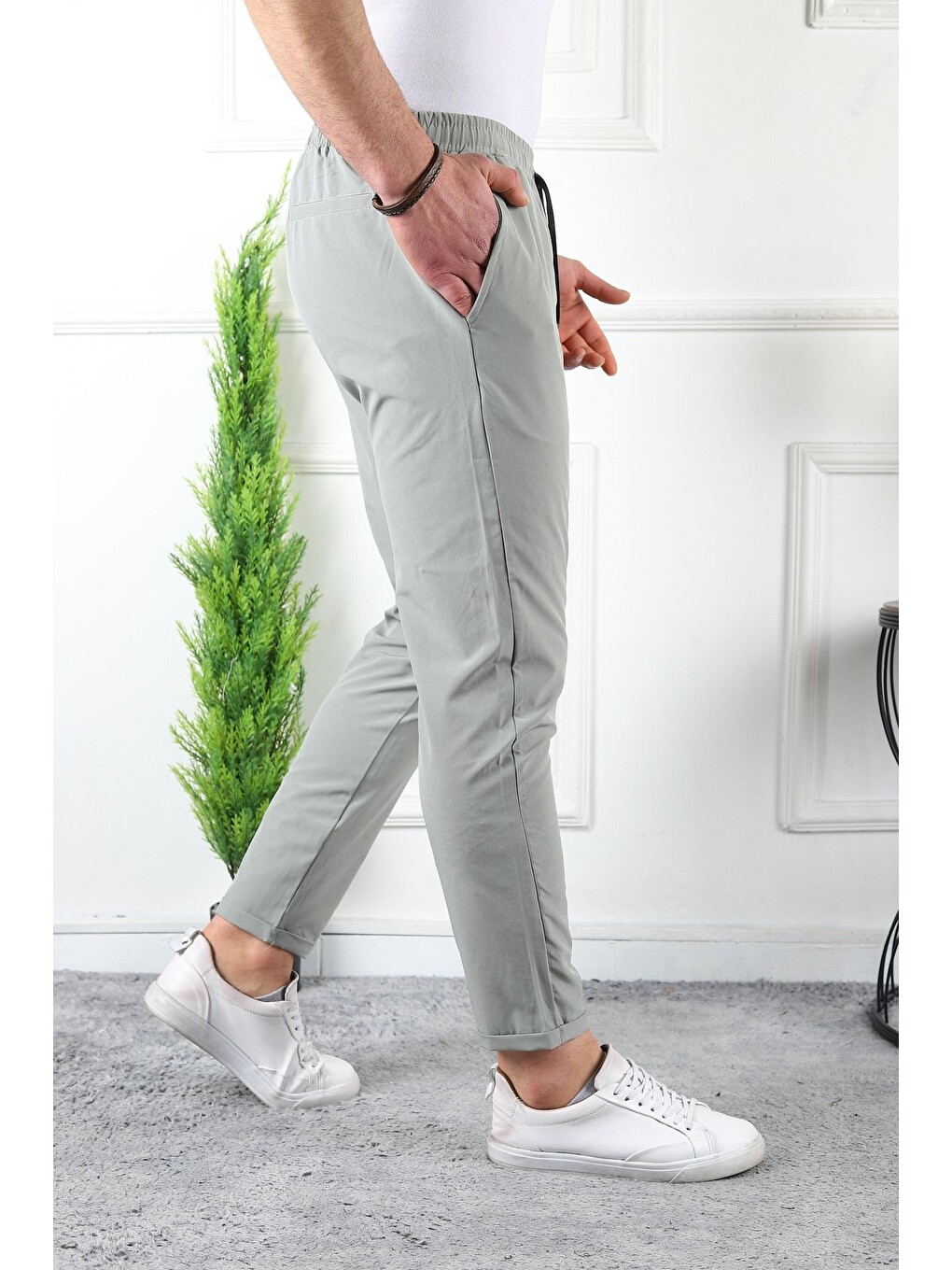 Bej Erkek Beli Lastikli Double Paça Spor Taş Jogger Pantolon-1