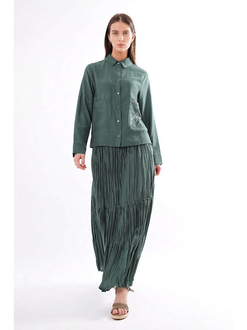 Yeşil Cep Detayı Basılı Kraş Etekli Takım 907 Zümrüt-3