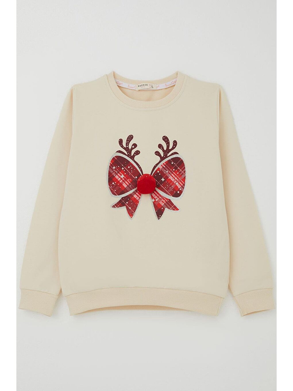 Ekru Kız Çocuk Sweatshirt Ponponlu Yılbaşı Kurdeleli Krem (6-12 Yaş)