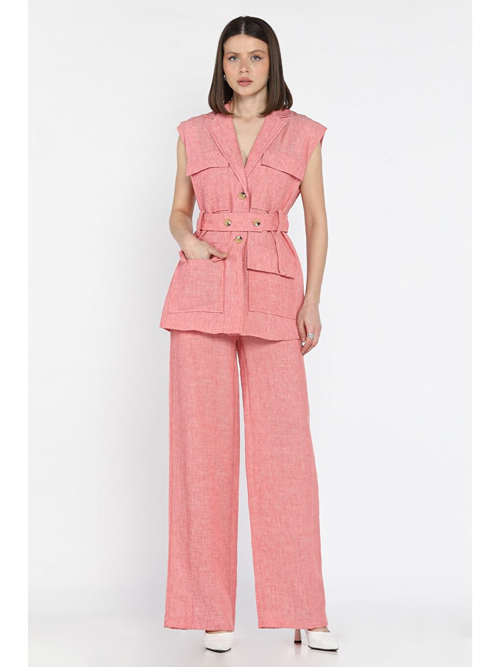 Pembe Kadın Bel Kuşaklı Yelek Pantolon İkili Takım