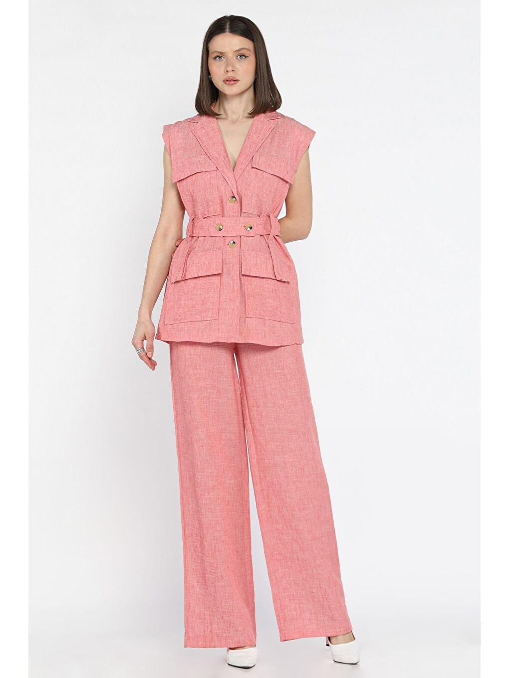 Pembe Kadın Bel Kuşaklı Yelek Pantolon İkili Takım-1