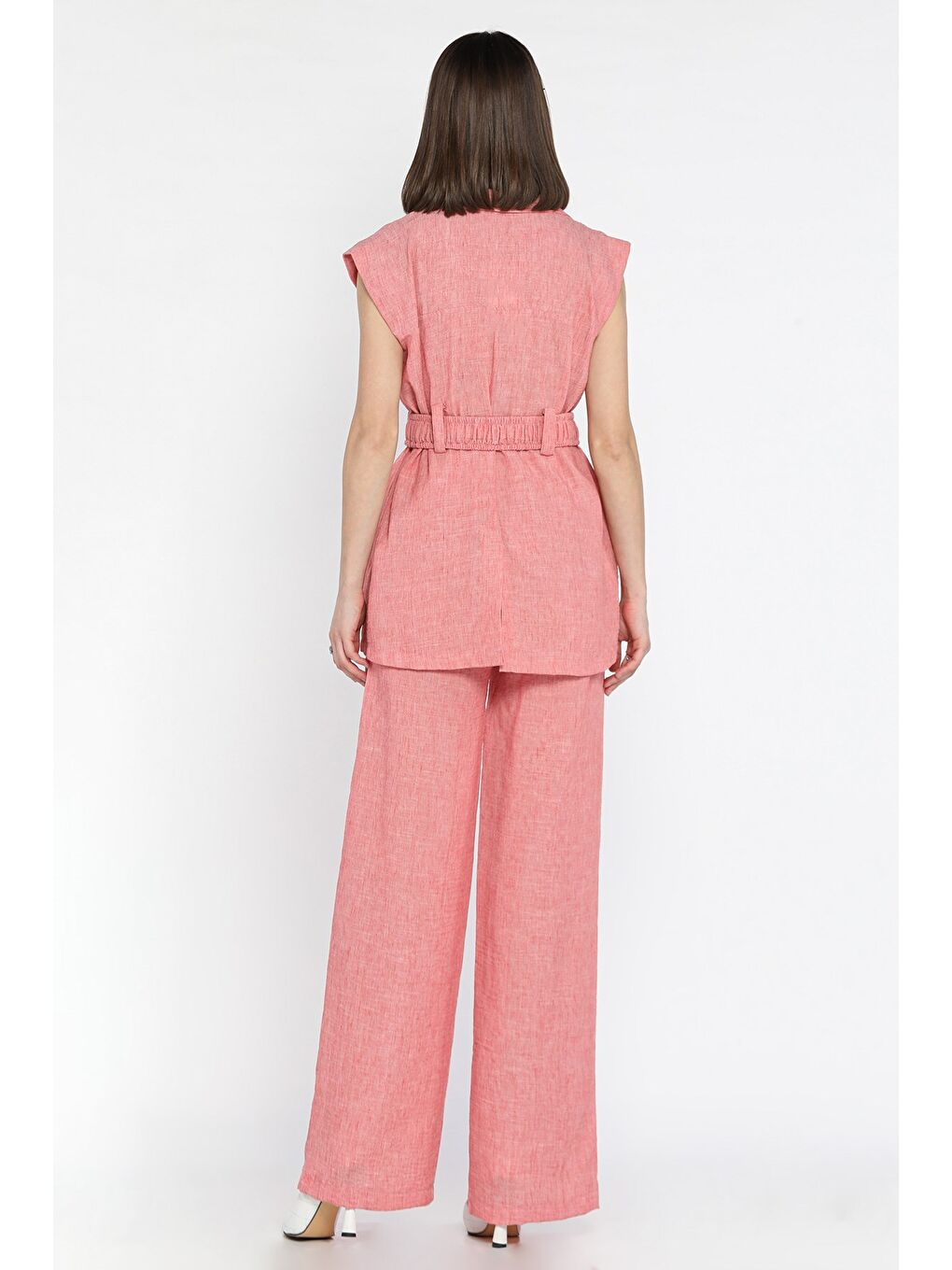 Pembe Kadın Bel Kuşaklı Yelek Pantolon İkili Takım-2